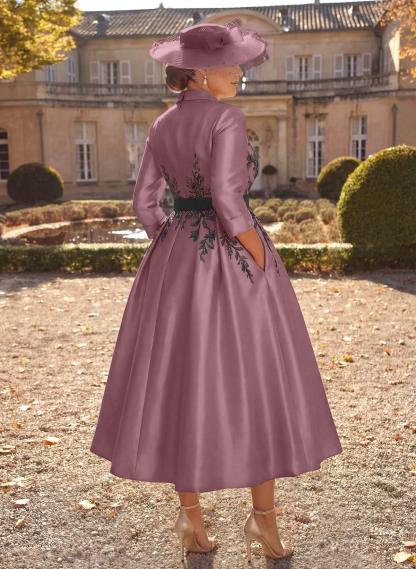 Ball-Gown V-Neck 3/4 Sleeves Tea-Length Satin Mother Of The Bride Dresses With Flower(s)