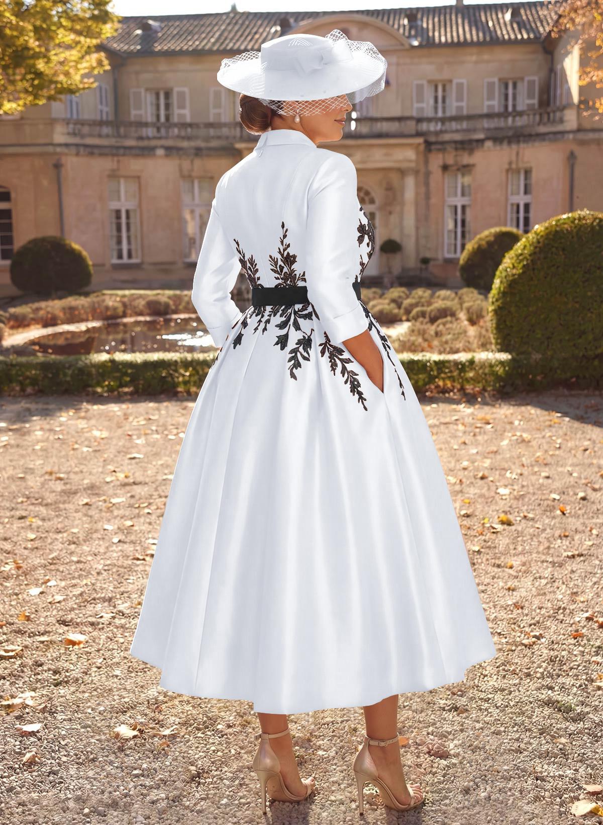 Ball-Gown V-Neck 3/4 Sleeves Tea-Length Satin Mother Of The Bride Dresses With Flower(s)