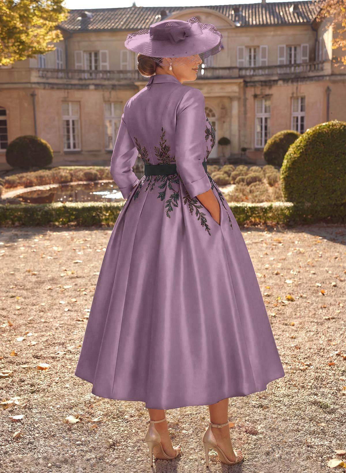 Ball-Gown V-Neck 3/4 Sleeves Tea-Length Satin Mother Of The Bride Dresses With Flower(s)