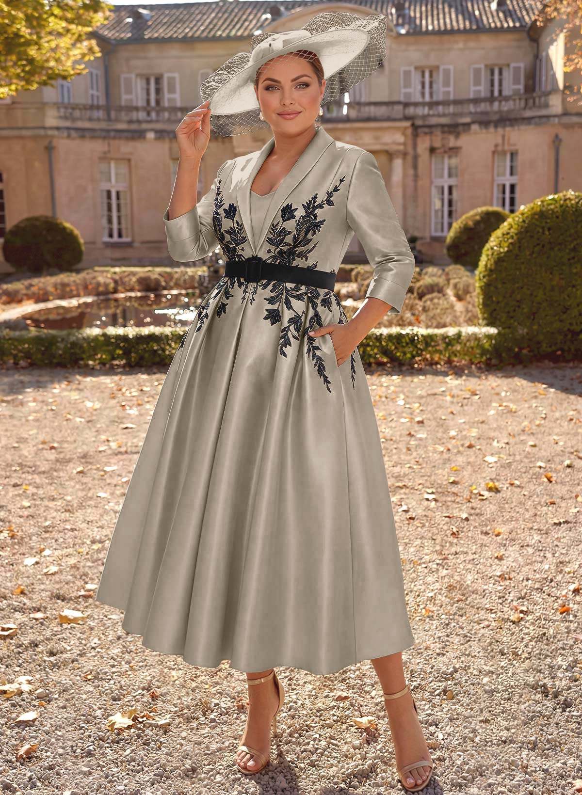 Ball-Gown V-Neck 3/4 Sleeves Tea-Length Satin Mother Of The Bride Dresses With Flower(s)