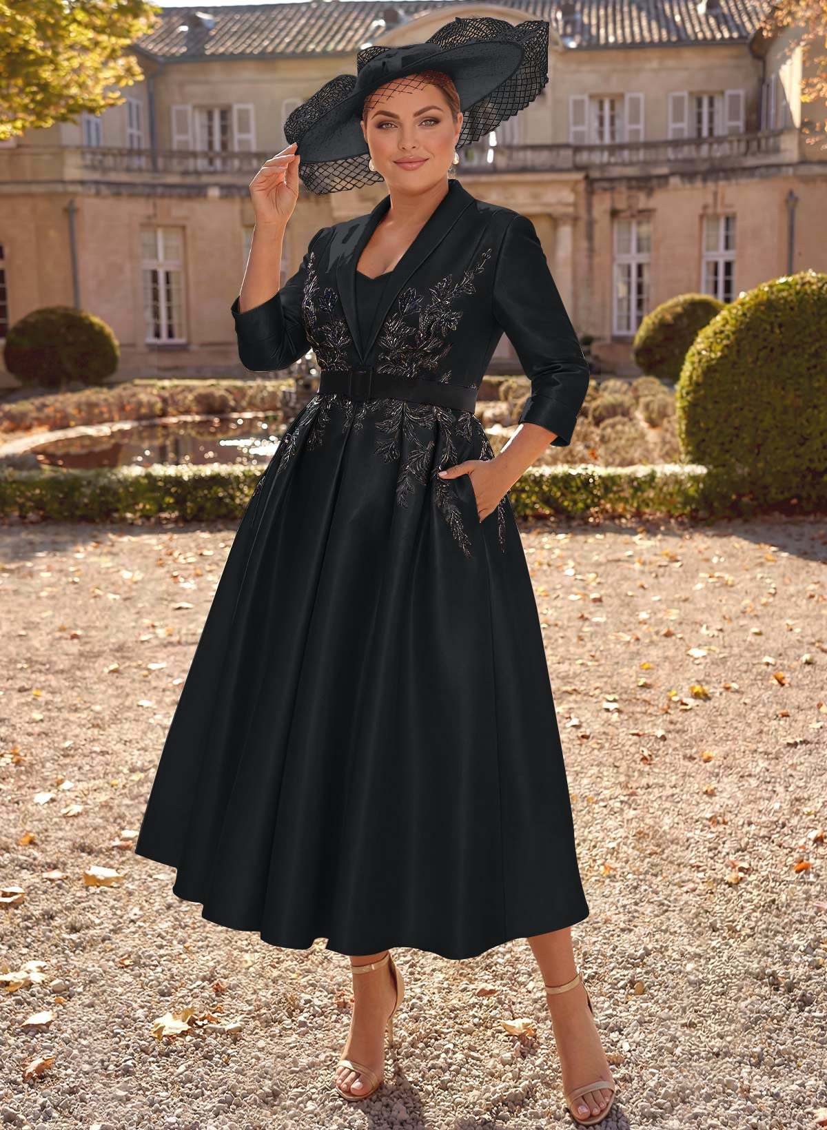 Ball-Gown V-Neck 3/4 Sleeves Tea-Length Satin Mother Of The Bride Dresses With Flower(s)