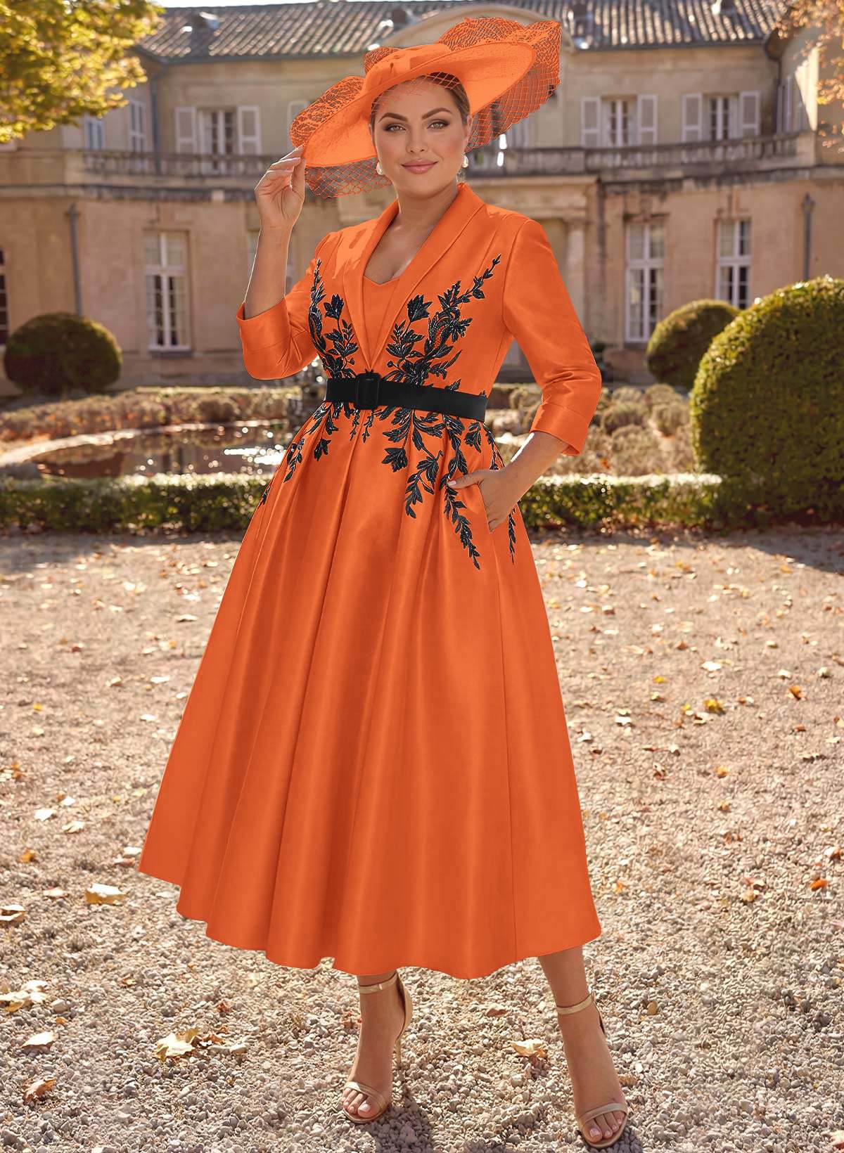 Ball-Gown V-Neck 3/4 Sleeves Tea-Length Satin Mother Of The Bride Dresses With Flower(s)