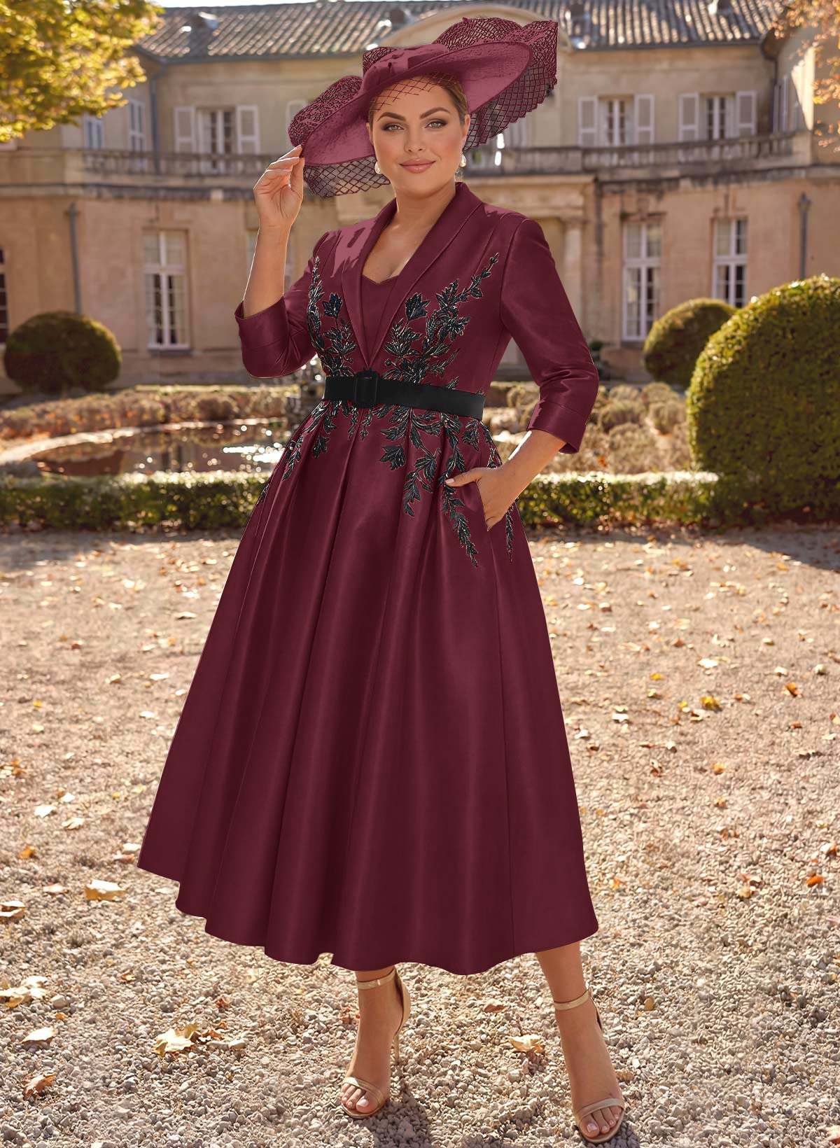 Ball-Gown V-Neck 3/4 Sleeves Tea-Length Satin Mother Of The Bride Dresses With Flower(s)