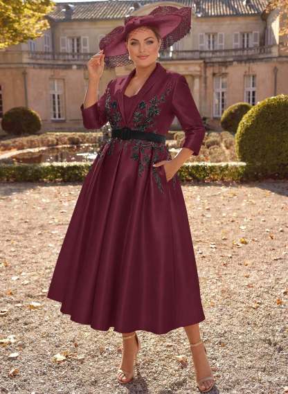 Ball-Gown V-Neck 3/4 Sleeves Tea-Length Satin Mother Of The Bride Dresses With Flower(s)