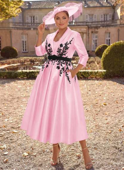 Ball-Gown V-Neck 3/4 Sleeves Tea-Length Satin Mother Of The Bride Dresses With Flower(s)