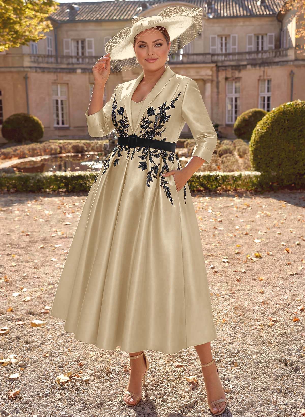 Ball-Gown V-Neck 3/4 Sleeves Tea-Length Satin Mother Of The Bride Dresses With Flower(s)
