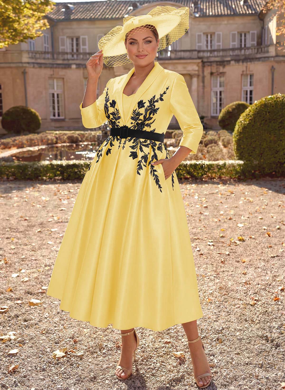 Ball-Gown V-Neck 3/4 Sleeves Tea-Length Satin Mother Of The Bride Dresses With Flower(s)