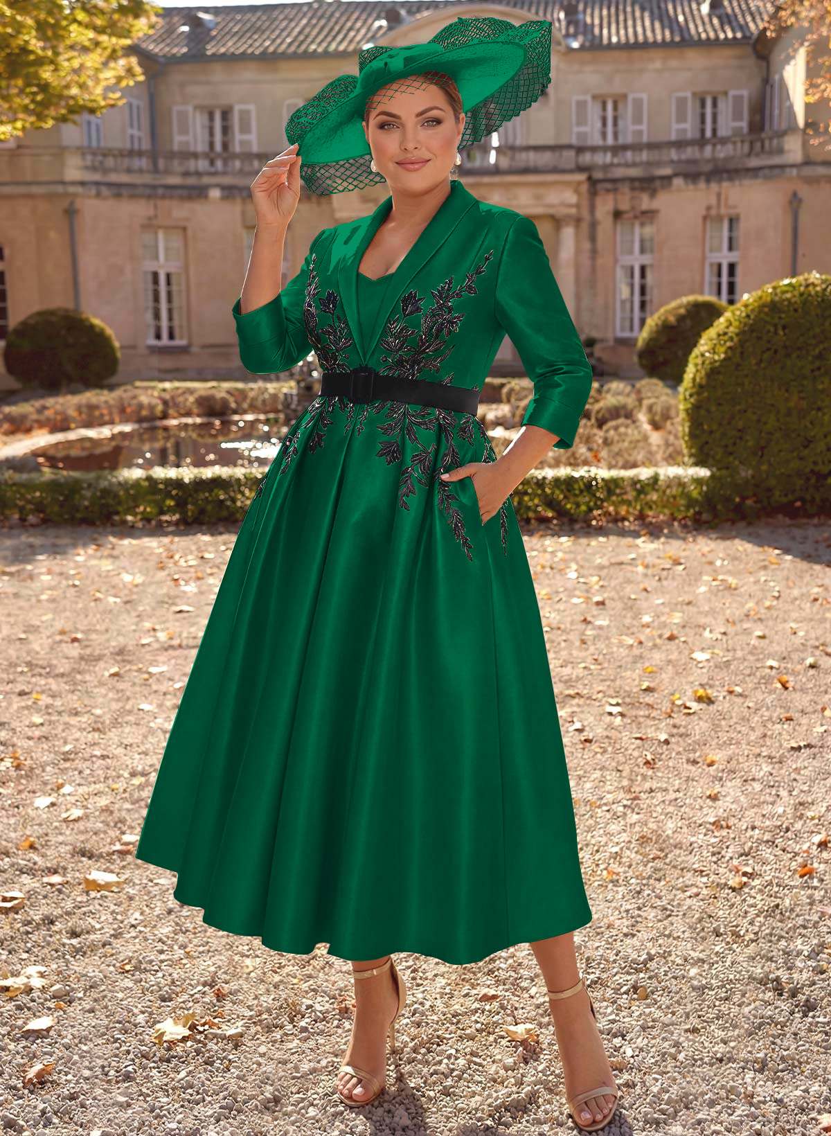 Ball-Gown V-Neck 3/4 Sleeves Tea-Length Satin Mother Of The Bride Dresses With Flower(s)