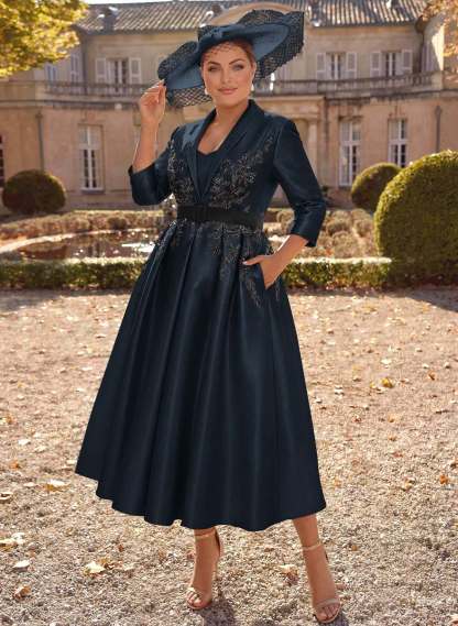 Ball-Gown V-Neck 3/4 Sleeves Tea-Length Satin Mother Of The Bride Dresses With Flower(s)
