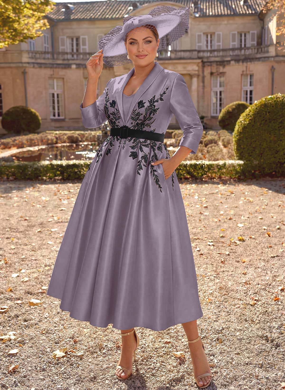 Ball-Gown V-Neck 3/4 Sleeves Tea-Length Satin Mother Of The Bride Dresses With Flower(s)