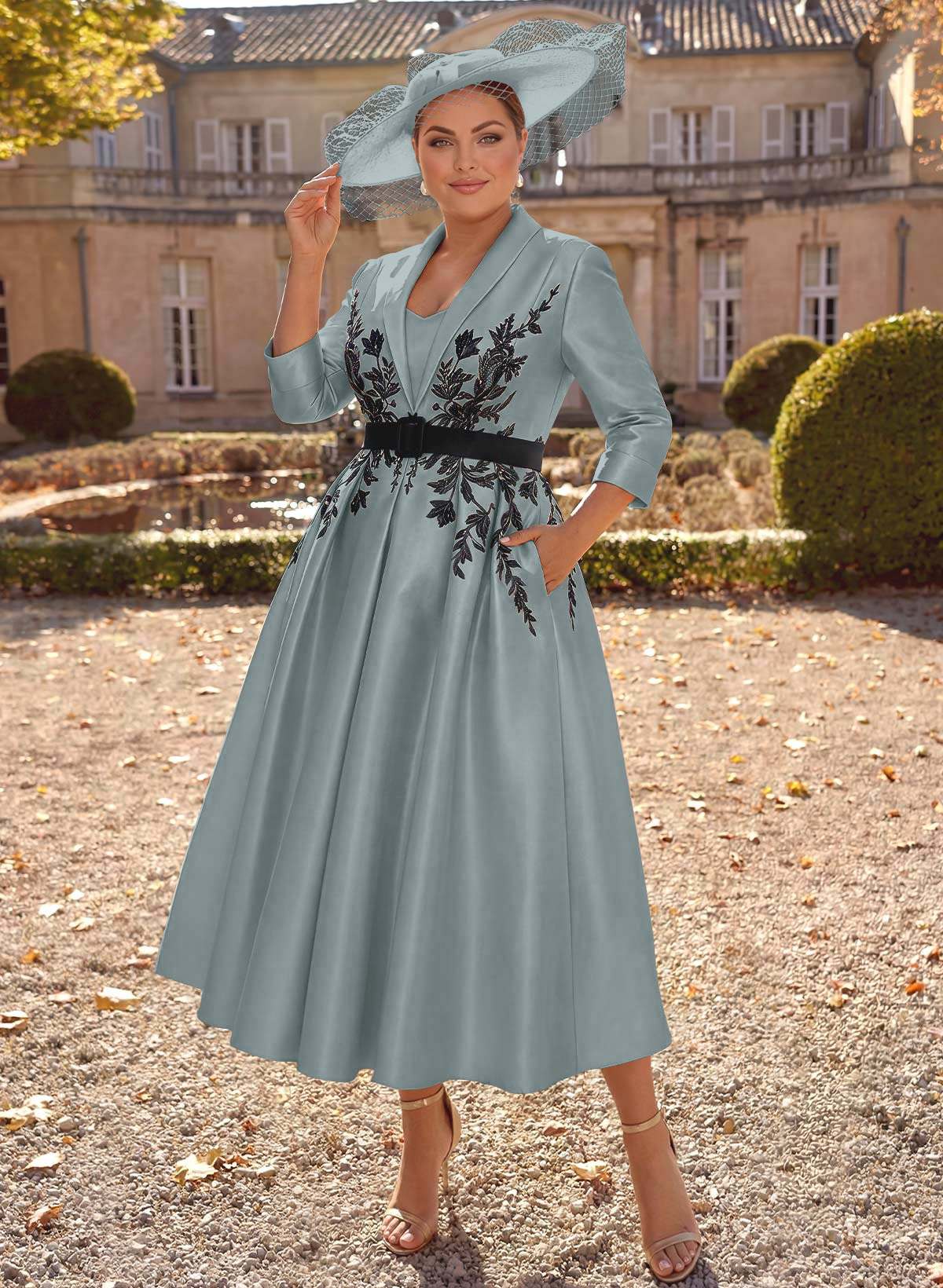 Ball-Gown V-Neck 3/4 Sleeves Tea-Length Satin Mother Of The Bride Dresses With Flower(s)
