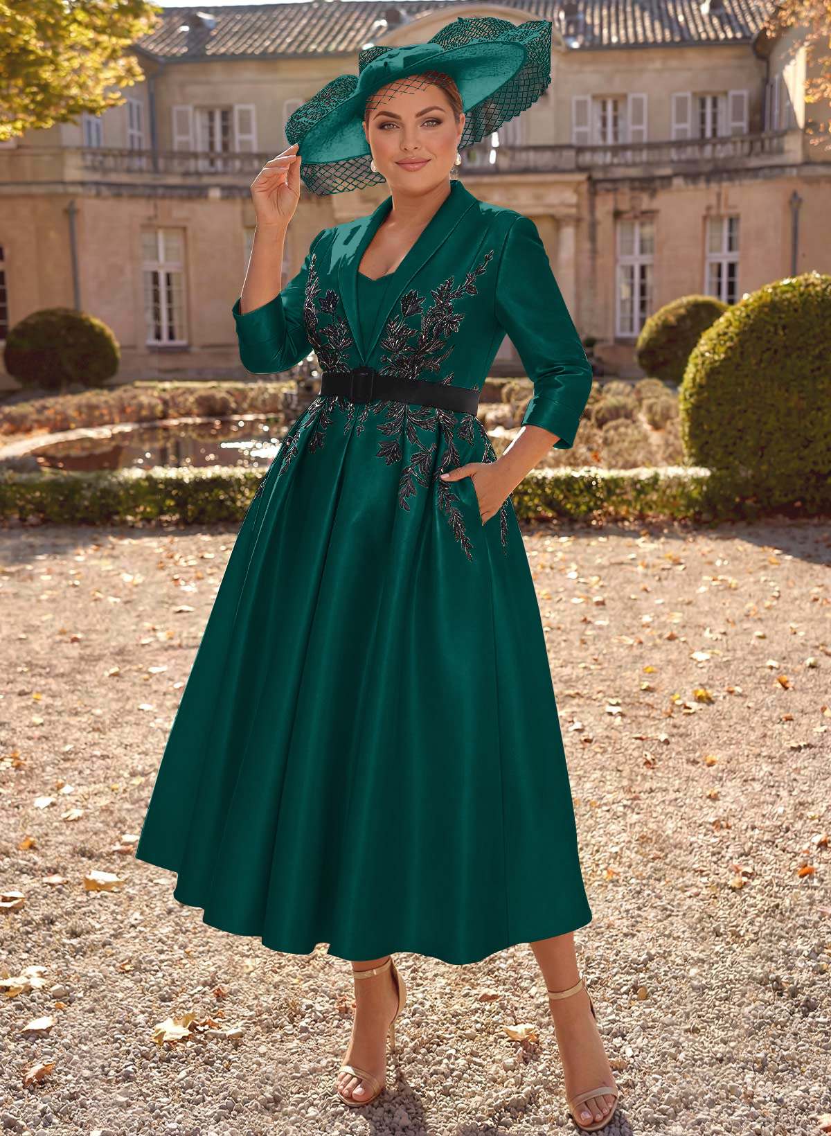 Ball-Gown V-Neck 3/4 Sleeves Tea-Length Satin Mother Of The Bride Dresses With Flower(s)