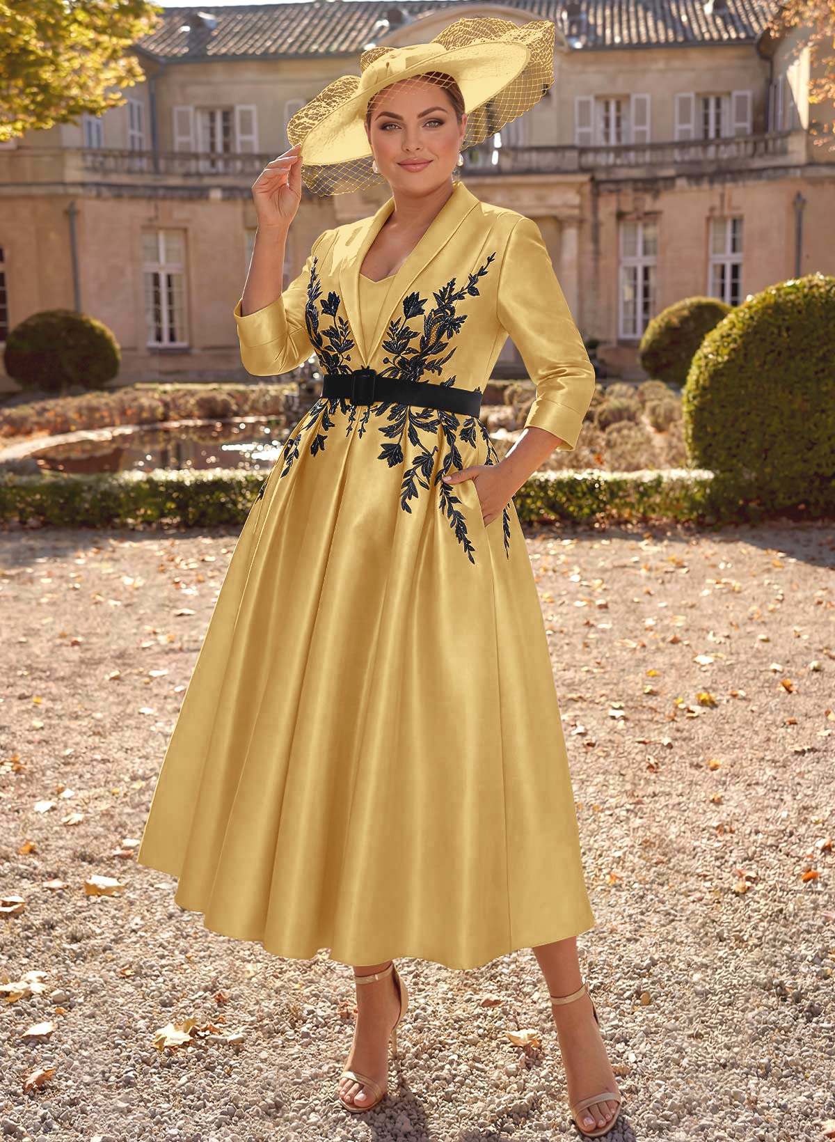 Ball-Gown V-Neck 3/4 Sleeves Tea-Length Satin Mother Of The Bride Dresses With Flower(s)