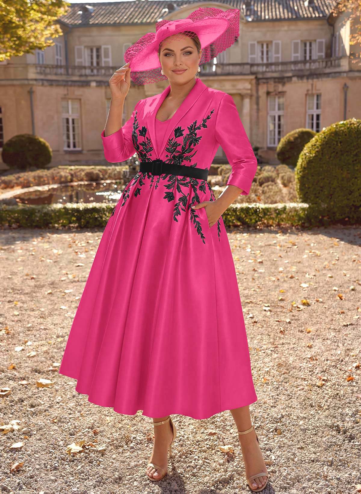 Ball-Gown V-Neck 3/4 Sleeves Tea-Length Satin Mother Of The Bride Dresses With Flower(s)