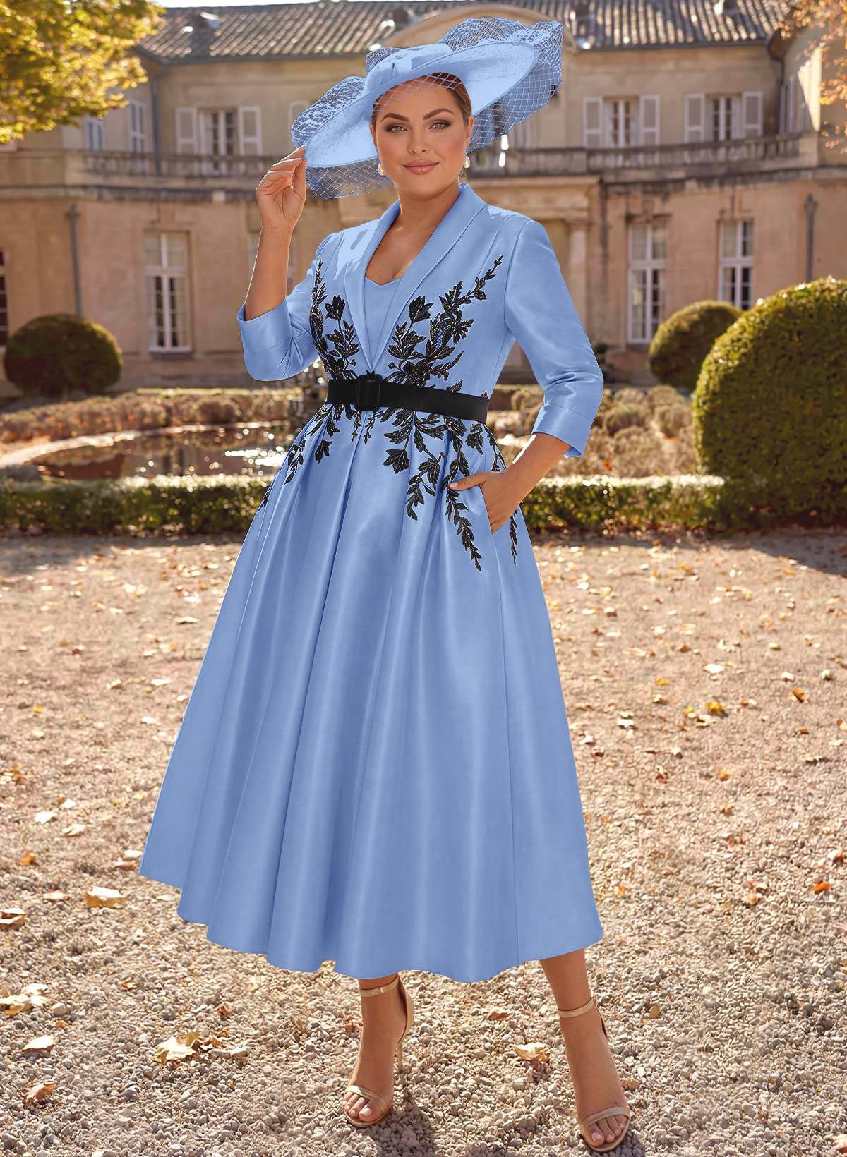Ball-Gown V-Neck 3/4 Sleeves Tea-Length Satin Mother Of The Bride Dresses With Flower(s)