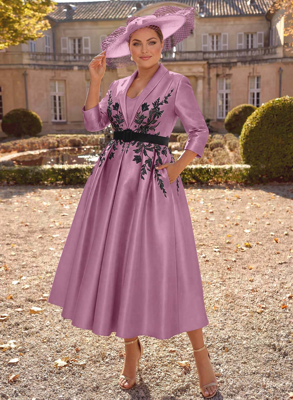 Ball-Gown V-Neck 3/4 Sleeves Tea-Length Satin Mother Of The Bride Dresses With Flower(s)