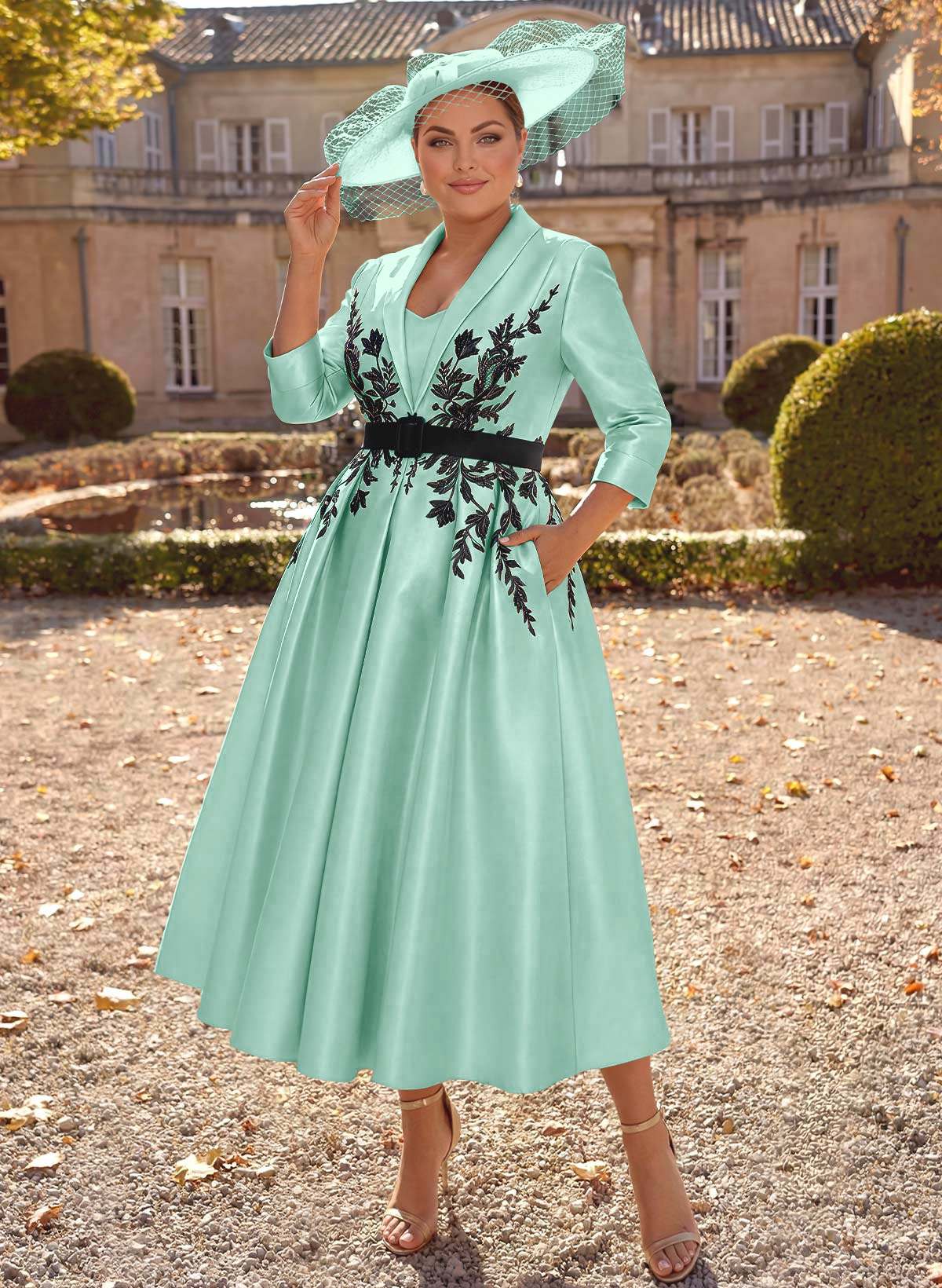 Ball-Gown V-Neck 3/4 Sleeves Tea-Length Satin Mother Of The Bride Dresses With Flower(s)