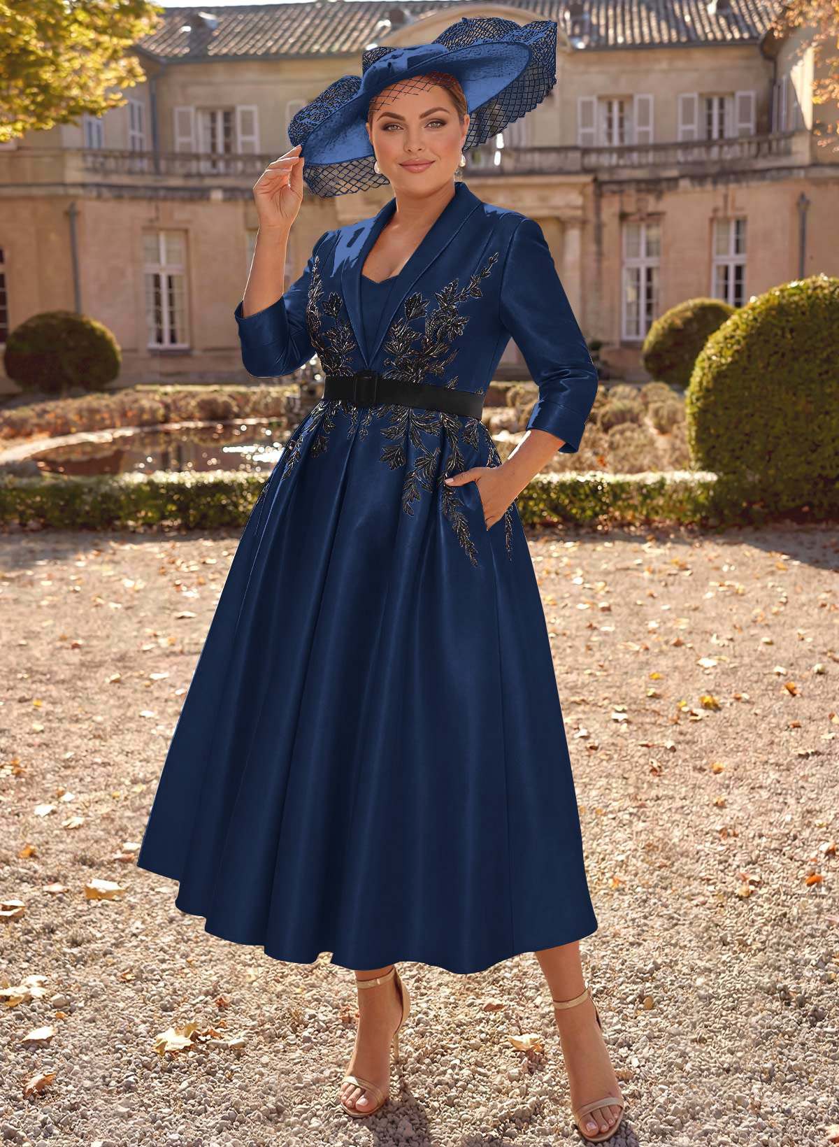 Ball-Gown V-Neck 3/4 Sleeves Tea-Length Satin Mother Of The Bride Dresses With Flower(s)