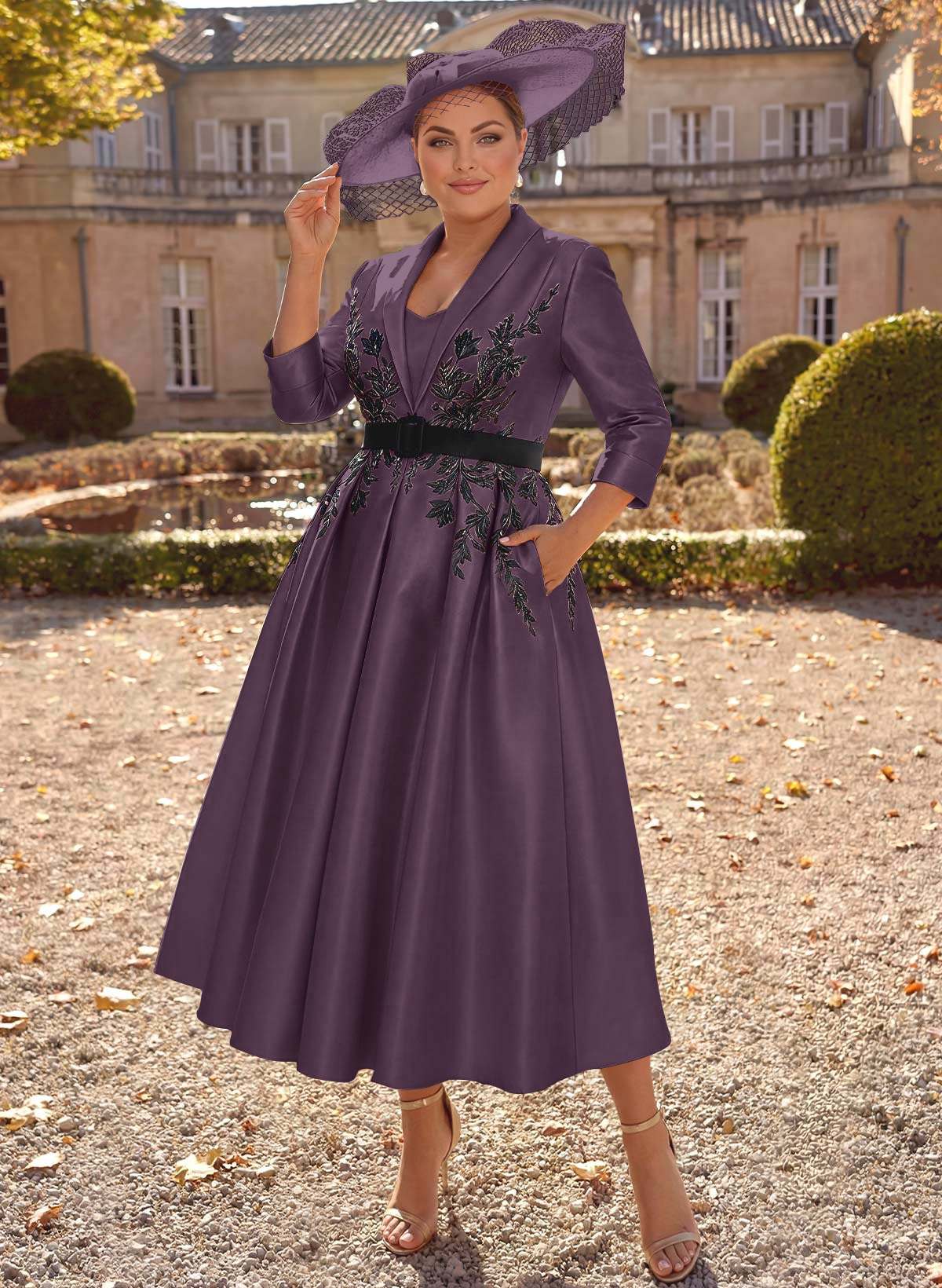 Ball-Gown V-Neck 3/4 Sleeves Tea-Length Satin Mother Of The Bride Dresses With Flower(s)