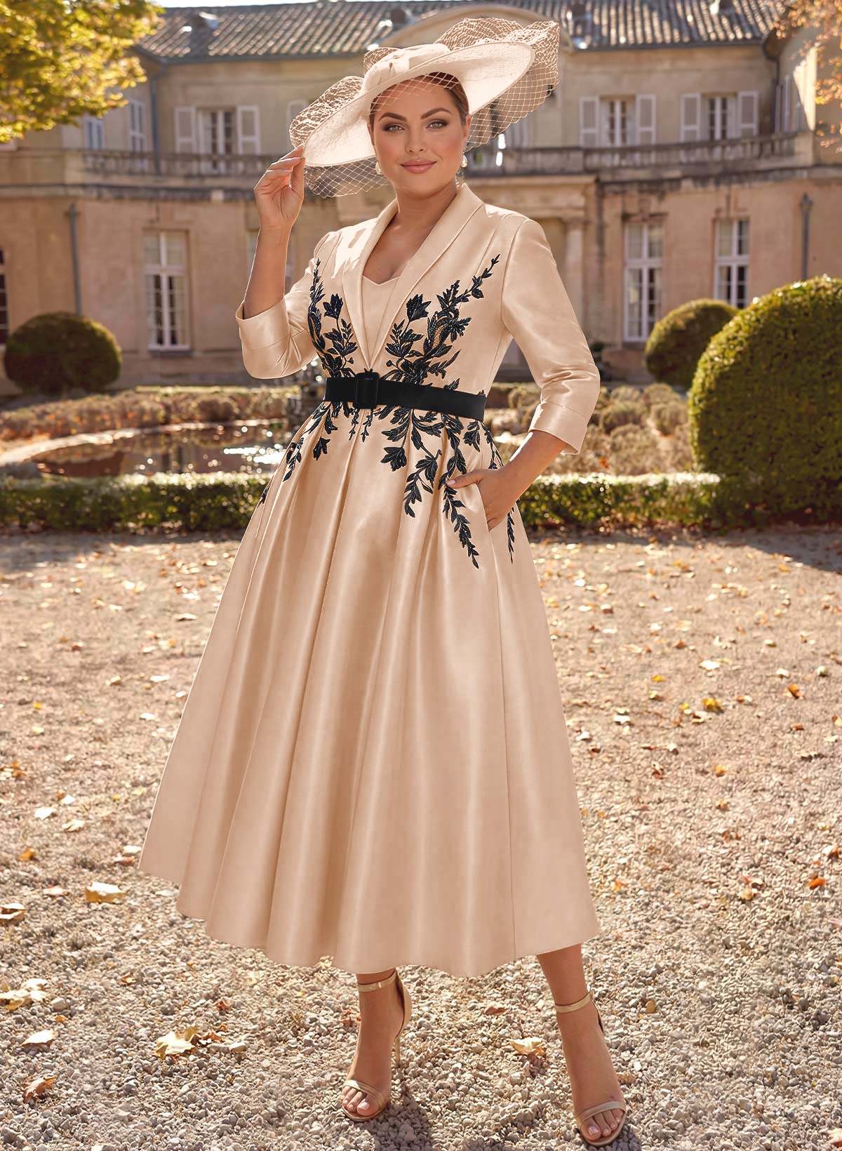Ball-Gown V-Neck 3/4 Sleeves Tea-Length Satin Mother Of The Bride Dresses With Flower(s)