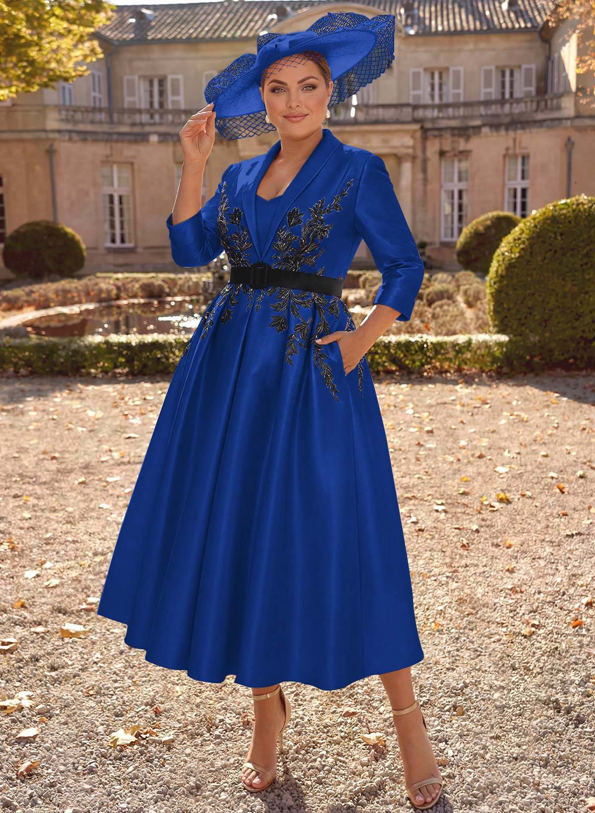 Ball-Gown V-Neck 3/4 Sleeves Tea-Length Satin Mother Of The Bride Dresses With Flower(s)