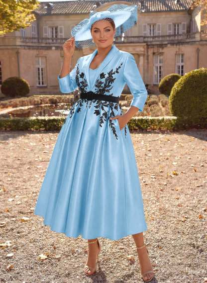 Ball-Gown V-Neck 3/4 Sleeves Tea-Length Satin Mother Of The Bride Dresses With Flower(s)