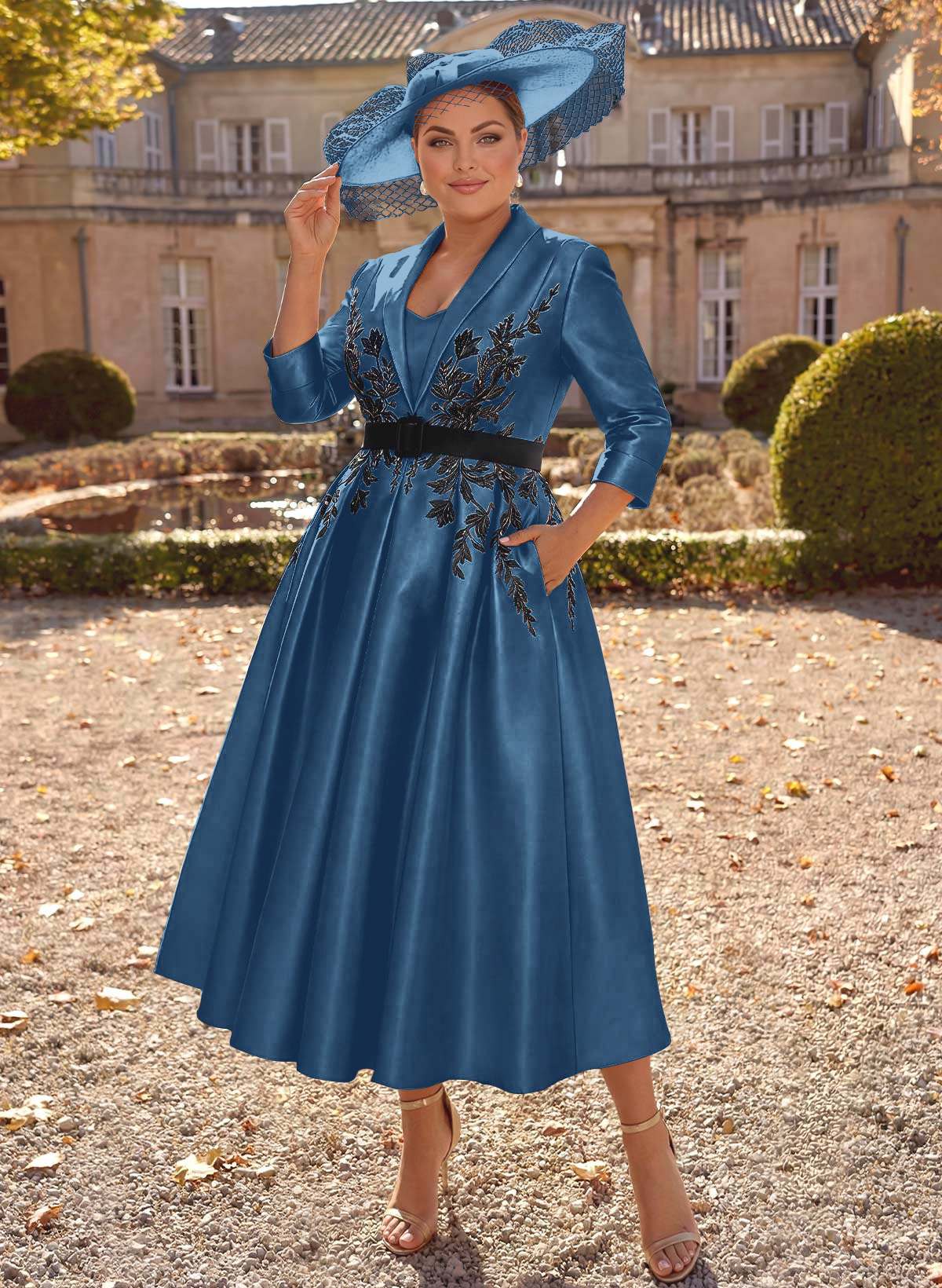 Ball-Gown V-Neck 3/4 Sleeves Tea-Length Satin Mother Of The Bride Dresses With Flower(s)