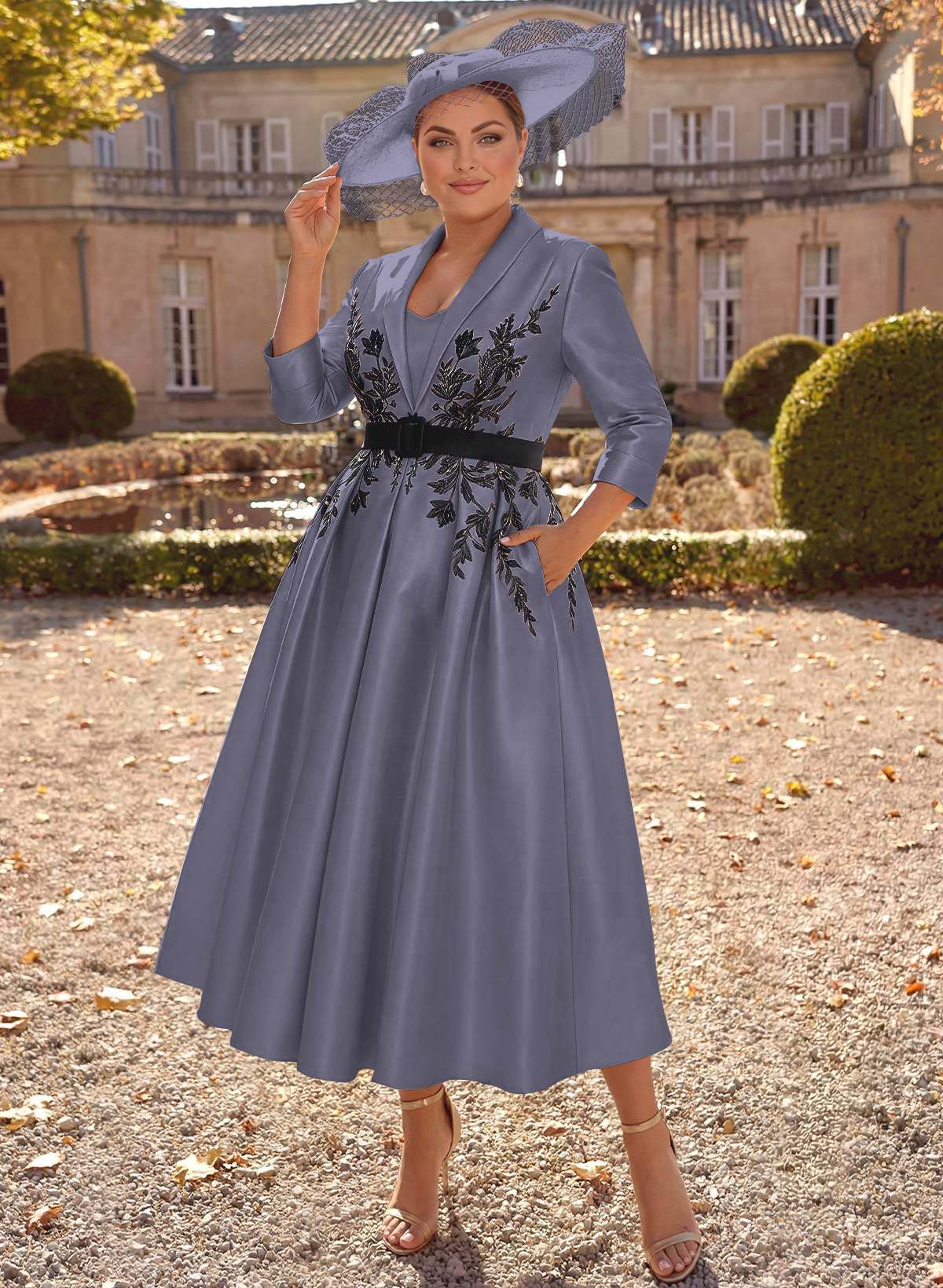 Ball-Gown V-Neck 3/4 Sleeves Tea-Length Satin Mother Of The Bride Dresses With Flower(s)