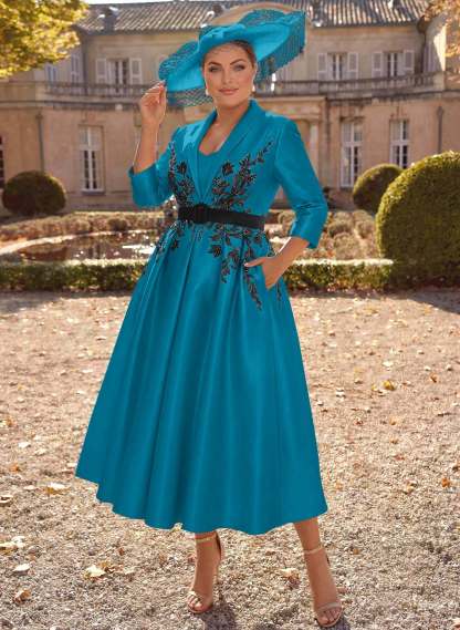 Ball-Gown V-Neck 3/4 Sleeves Tea-Length Satin Mother Of The Bride Dresses With Flower(s)