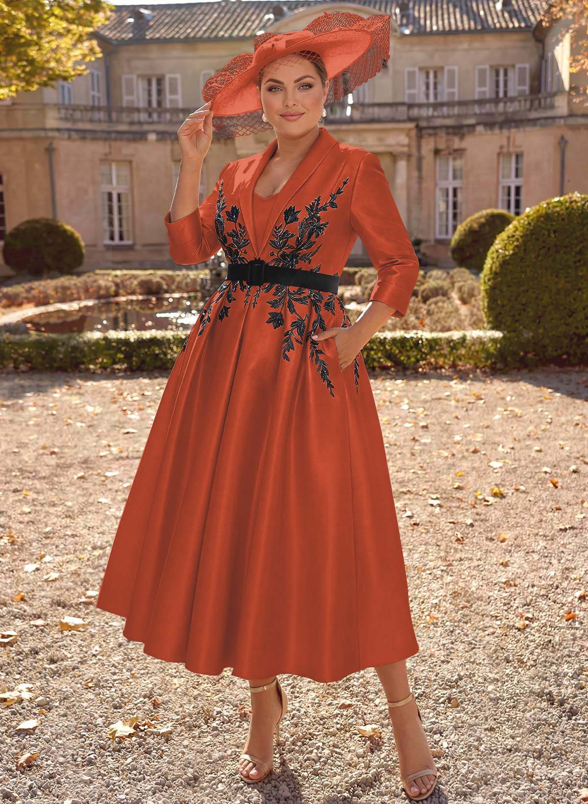 Ball-Gown V-Neck 3/4 Sleeves Tea-Length Satin Mother Of The Bride Dresses With Flower(s)