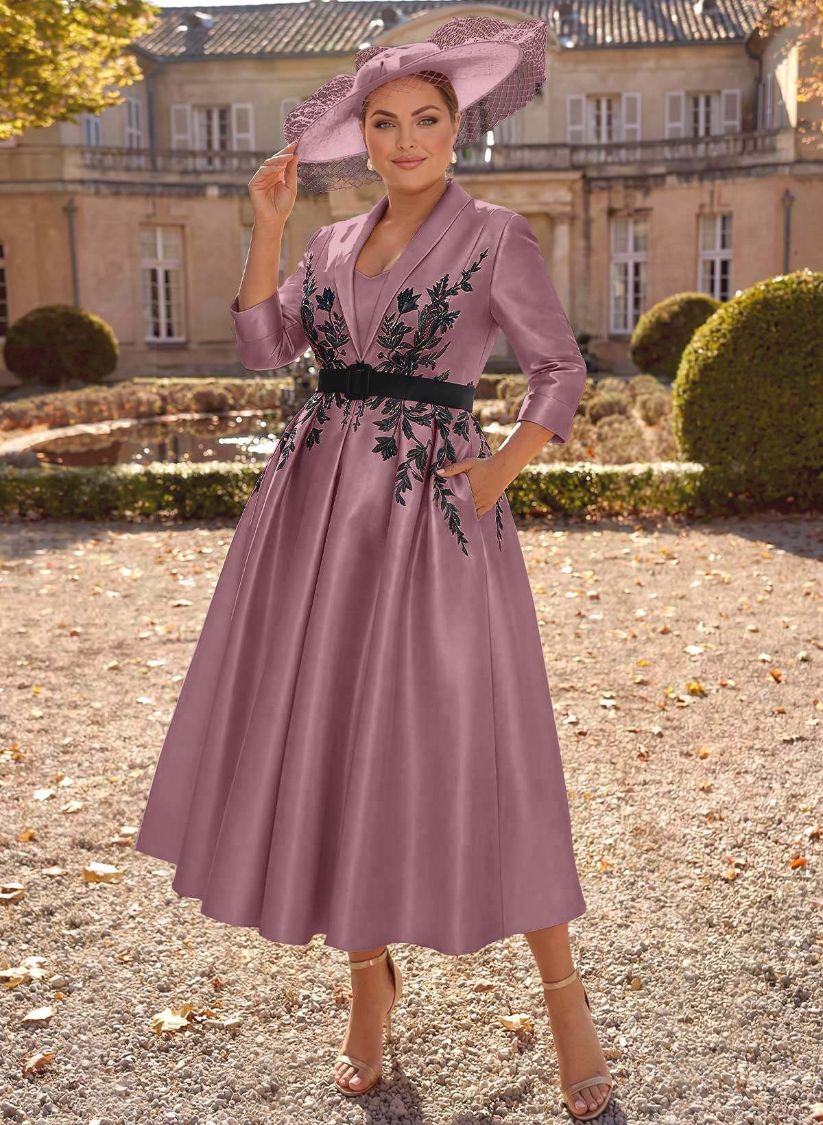 Ball-Gown V-Neck 3/4 Sleeves Tea-Length Satin Mother Of The Bride Dresses With Flower(s)