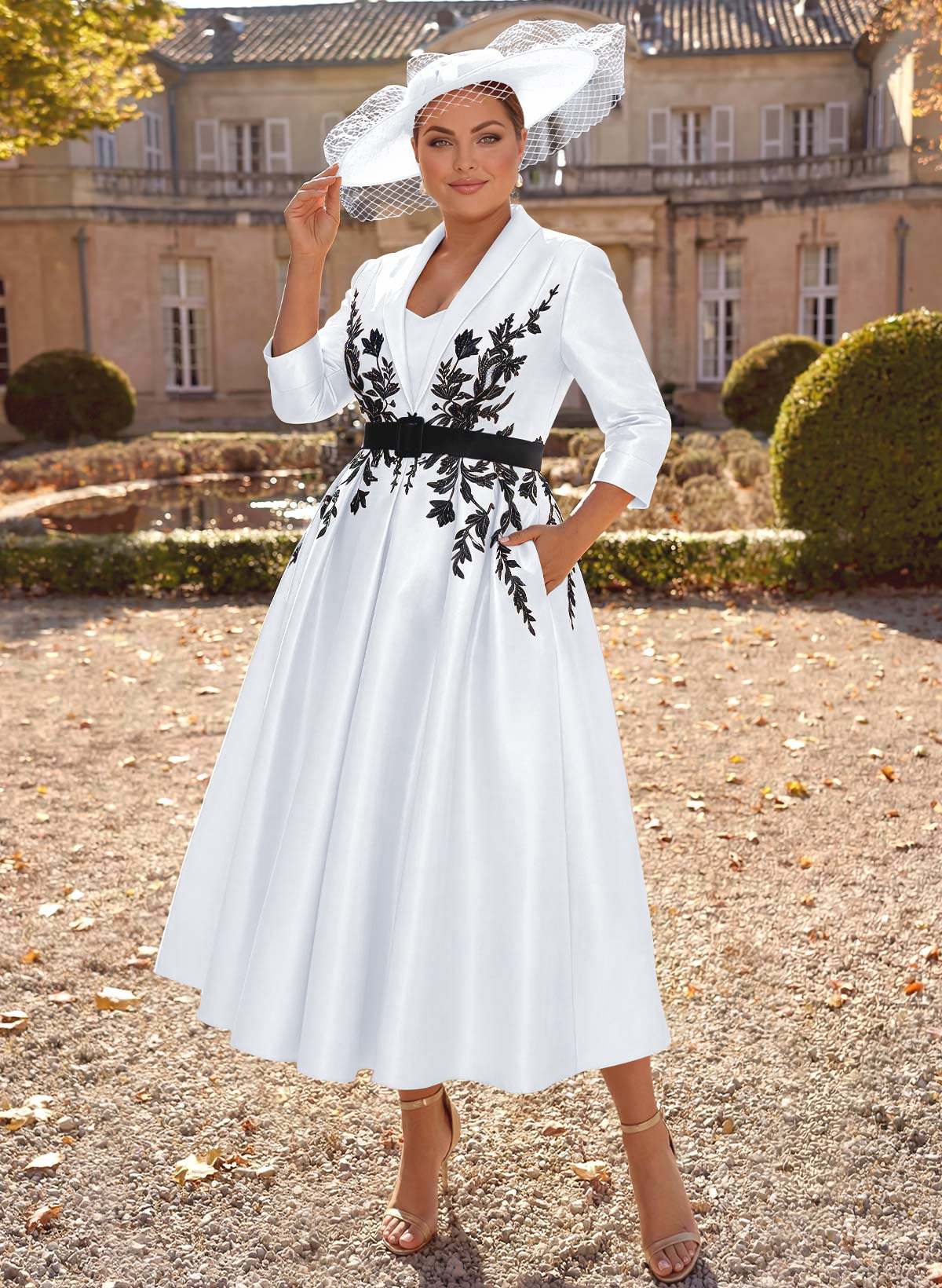 Ball-Gown V-Neck 3/4 Sleeves Tea-Length Satin Mother Of The Bride Dresses With Flower(s)