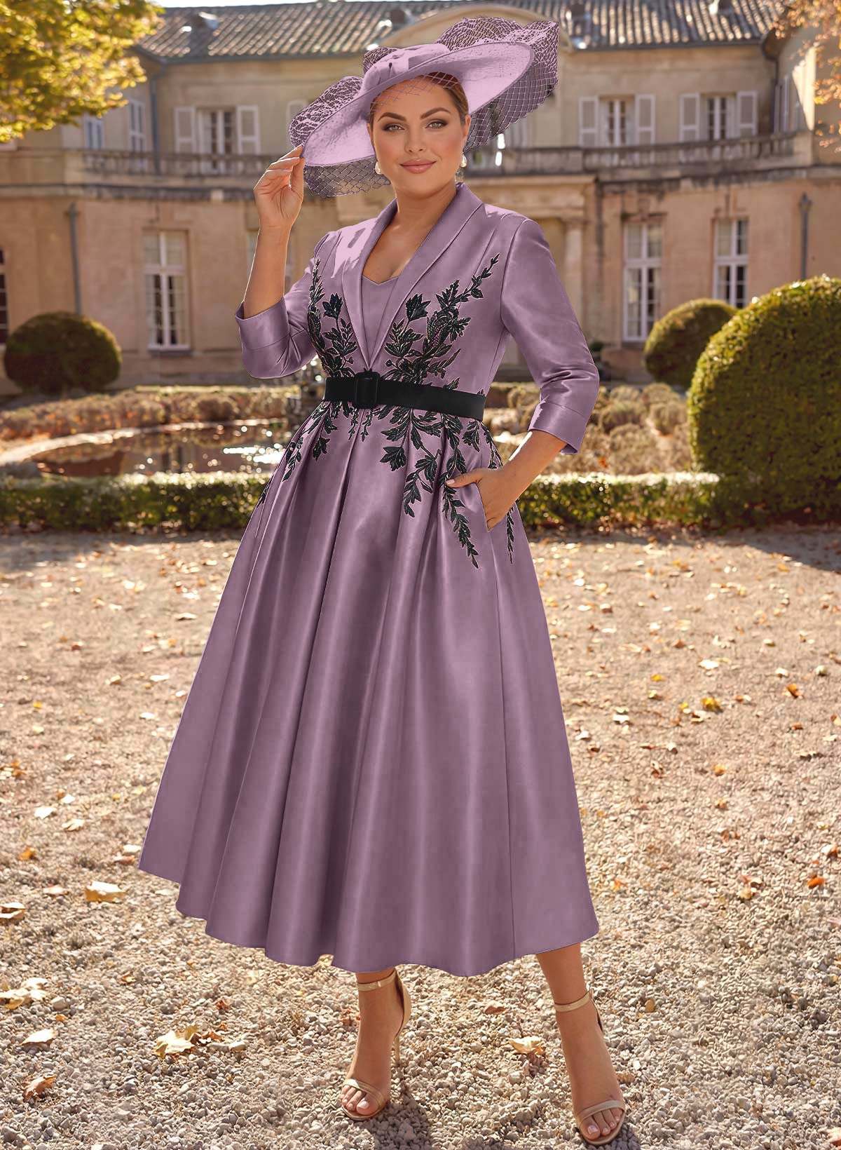 Ball-Gown V-Neck 3/4 Sleeves Tea-Length Satin Mother Of The Bride Dresses With Flower(s)