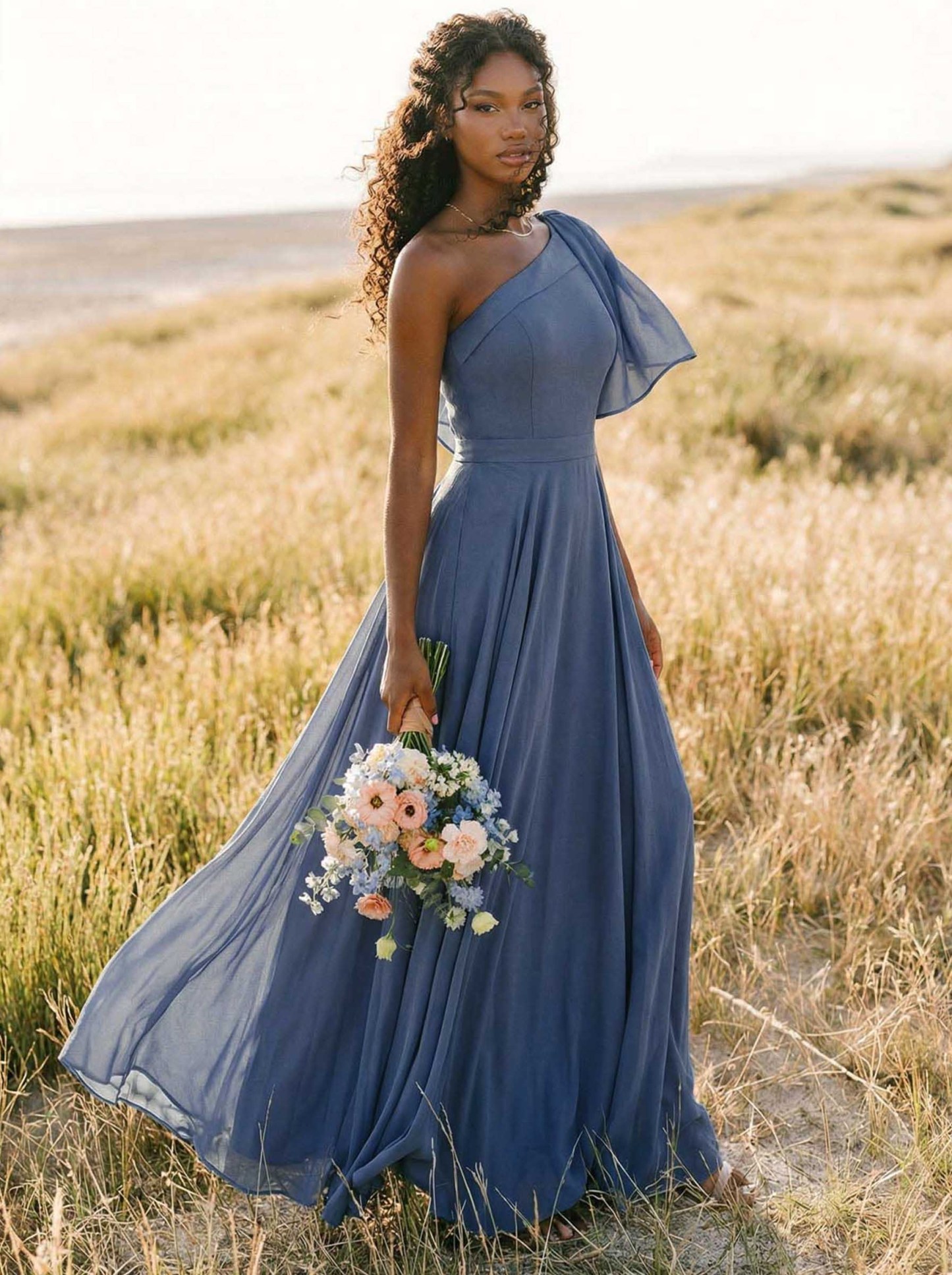 A-Line One-Shoulder Sleeveless Floor-Length Chiffon Bridesmaid Dresses With Bow(s)/Pockets, product image 140
