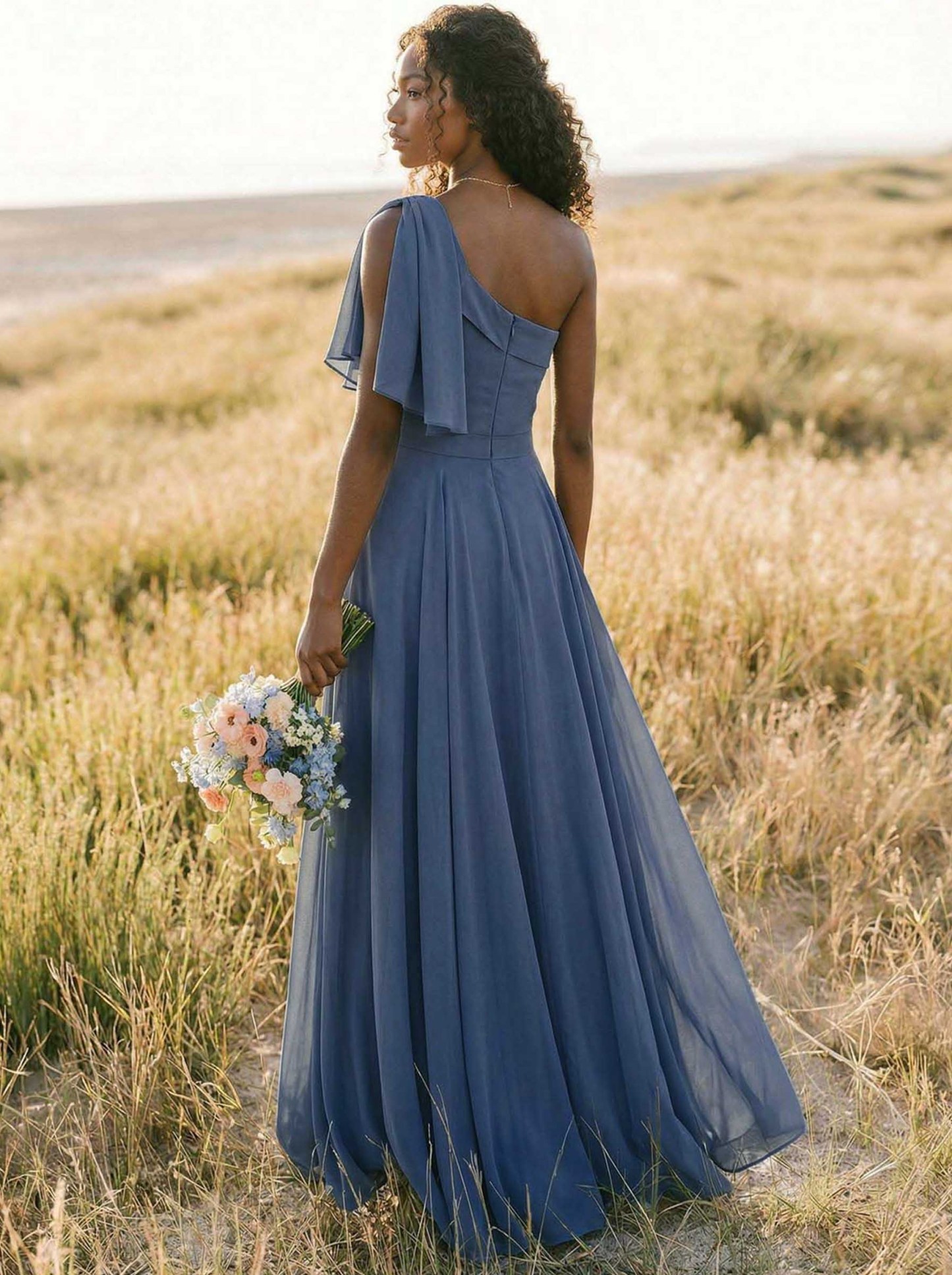 A-Line One-Shoulder Sleeveless Floor-Length Chiffon Bridesmaid Dresses With Bow(s)/Pockets, product image 141