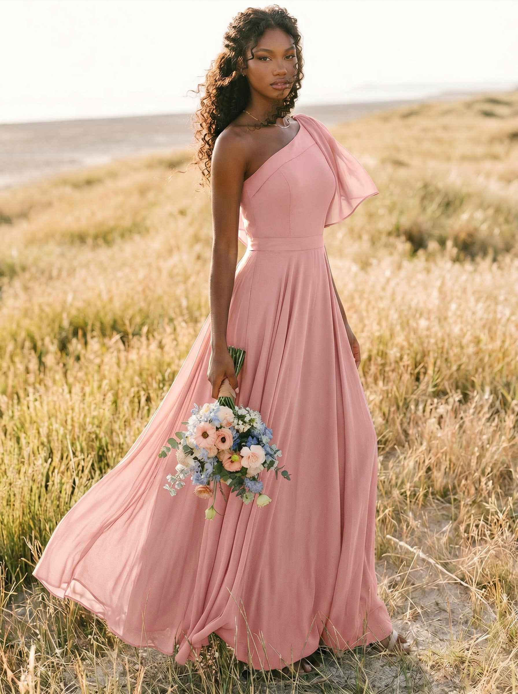 A-Line One-Shoulder Sleeveless Floor-Length Chiffon Bridesmaid Dresses With Bow(s)/Pockets, product image 182
