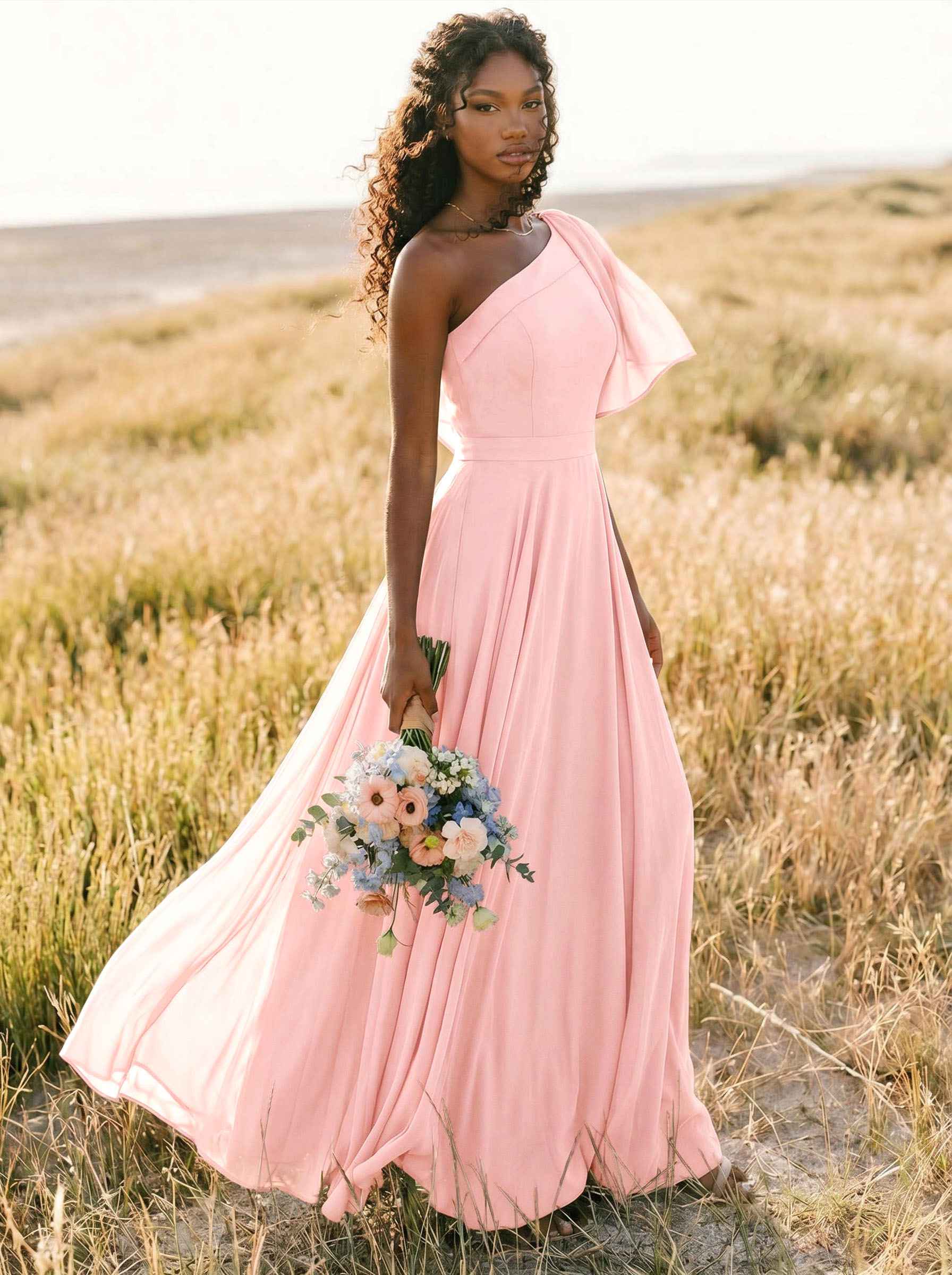 A-Line One-Shoulder Sleeveless Floor-Length Chiffon Bridesmaid Dresses With Bow(s)/Pockets, product image 188