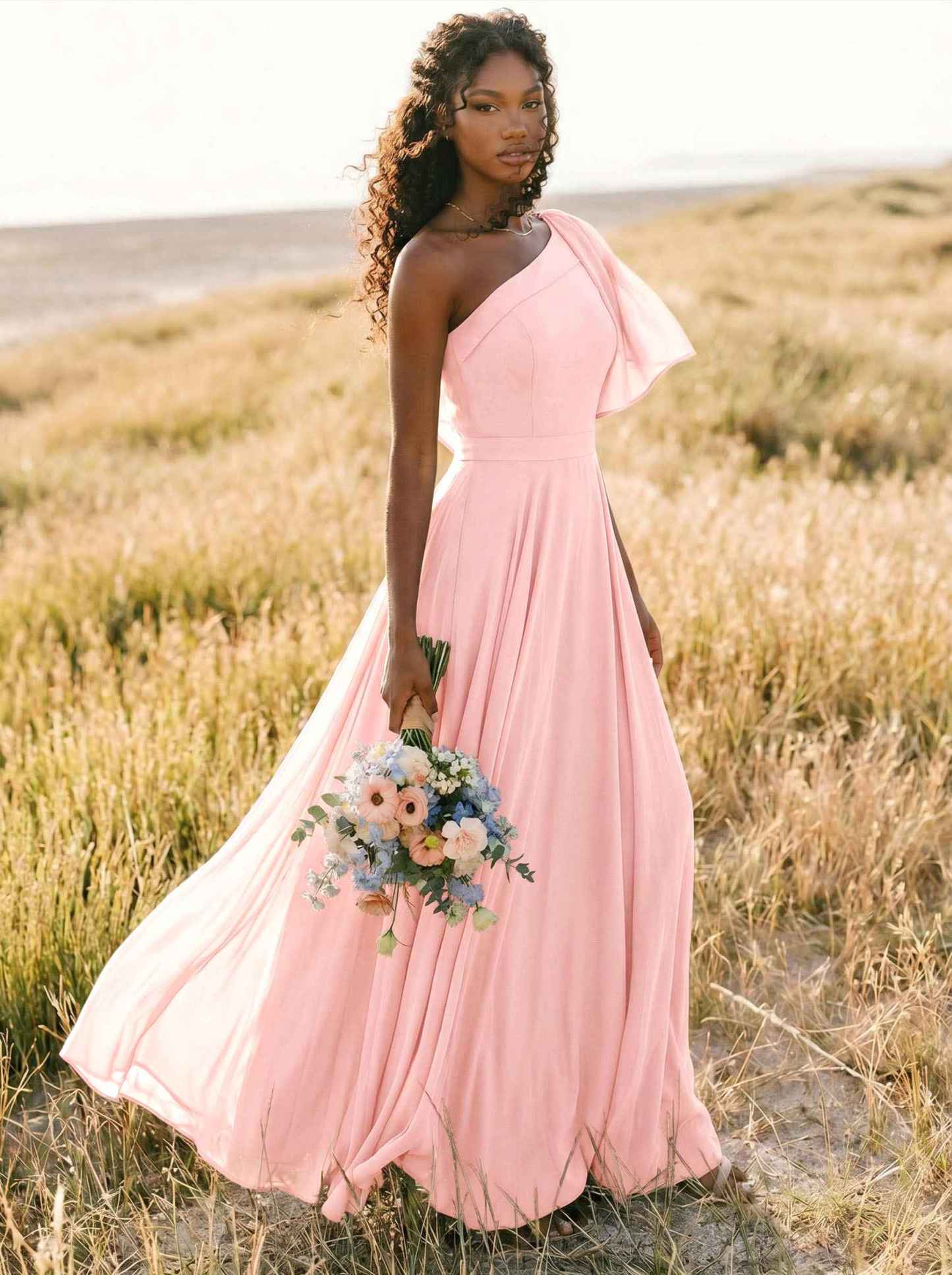 A-Line One-Shoulder Sleeveless Floor-Length Chiffon Bridesmaid Dresses With Bow(s)/Pockets, product image 188