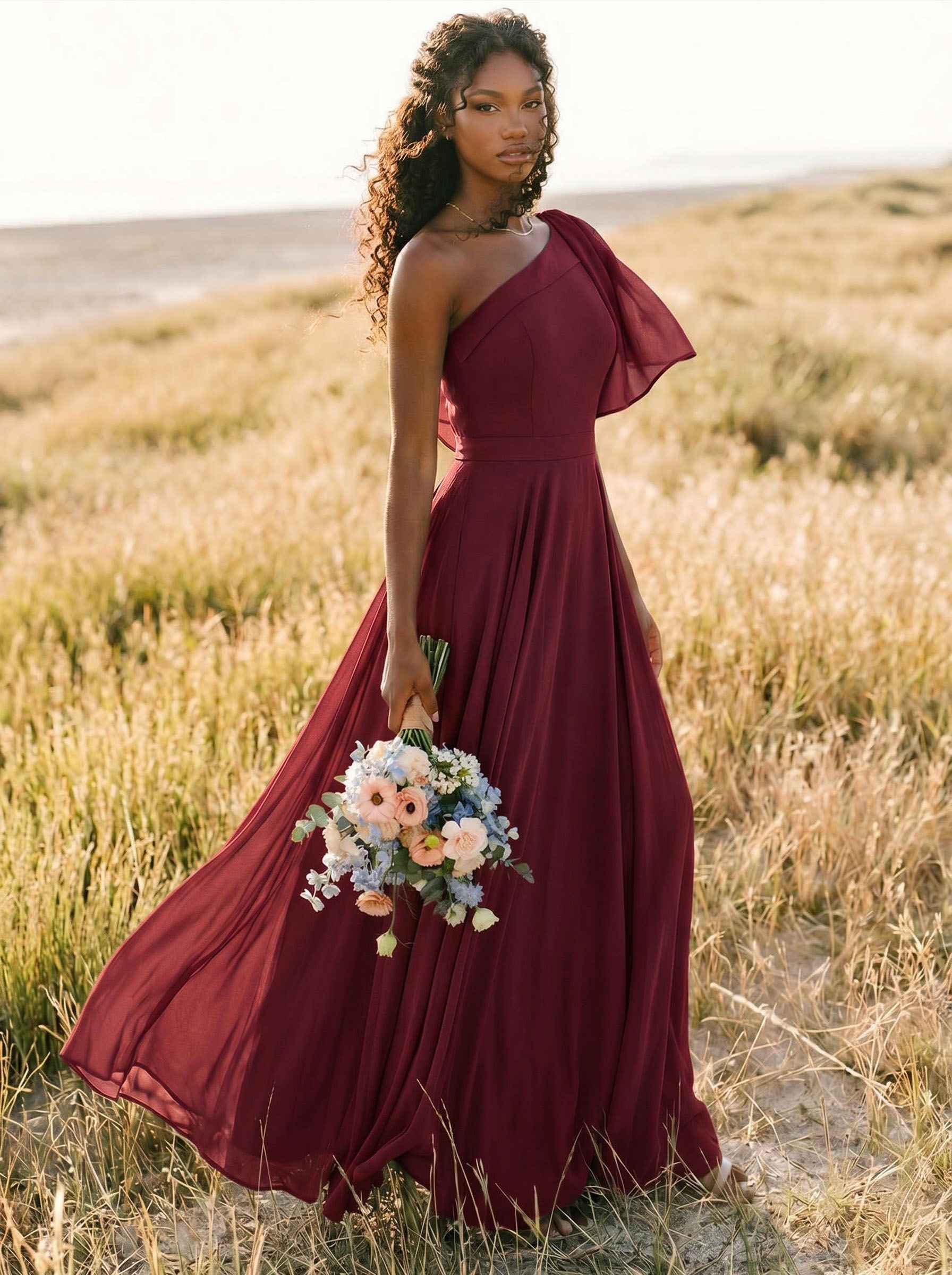 A-Line One-Shoulder Sleeveless Floor-Length Chiffon Bridesmaid Dresses With Bow(s)/Pockets, product image 166