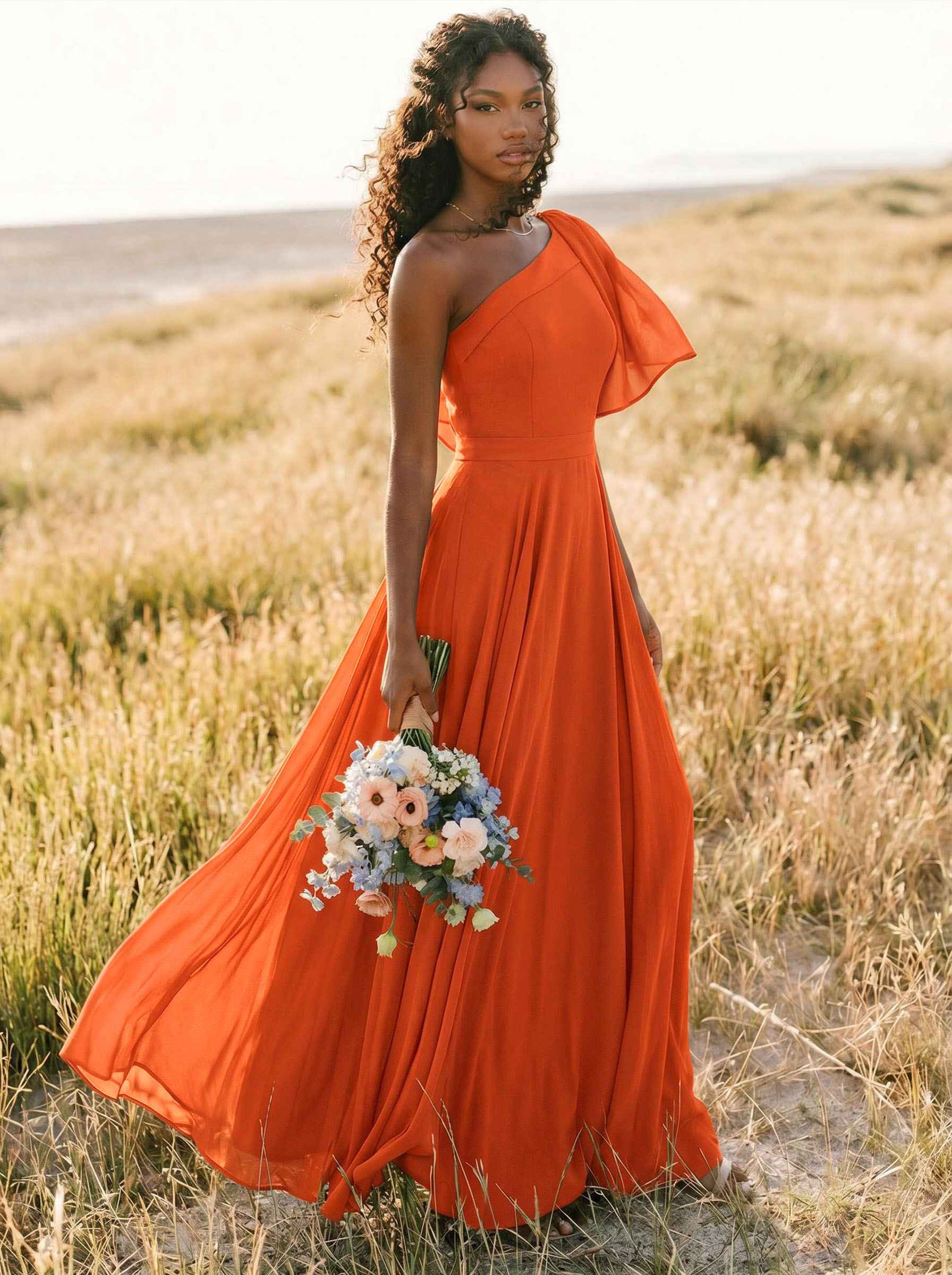 A-Line One-Shoulder Sleeveless Floor-Length Chiffon Bridesmaid Dresses With Bow(s)/Pockets, product image 262