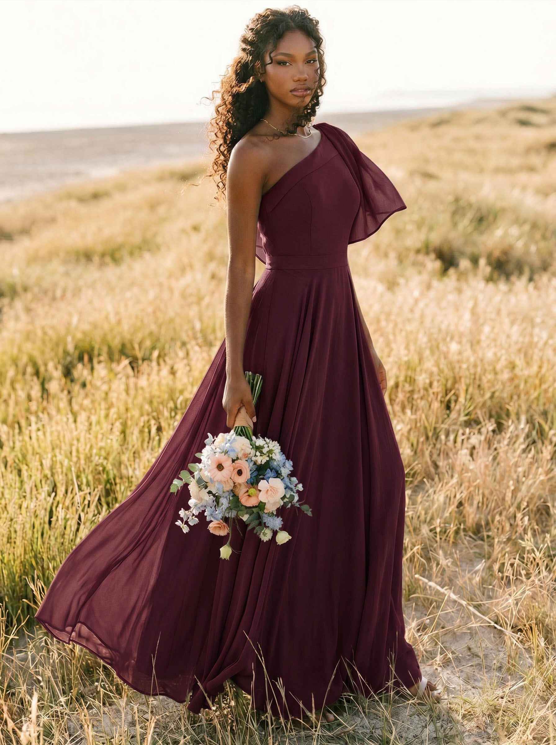 A-Line One-Shoulder Sleeveless Floor-Length Chiffon Bridesmaid Dresses With Bow(s)/Pockets, product image 164