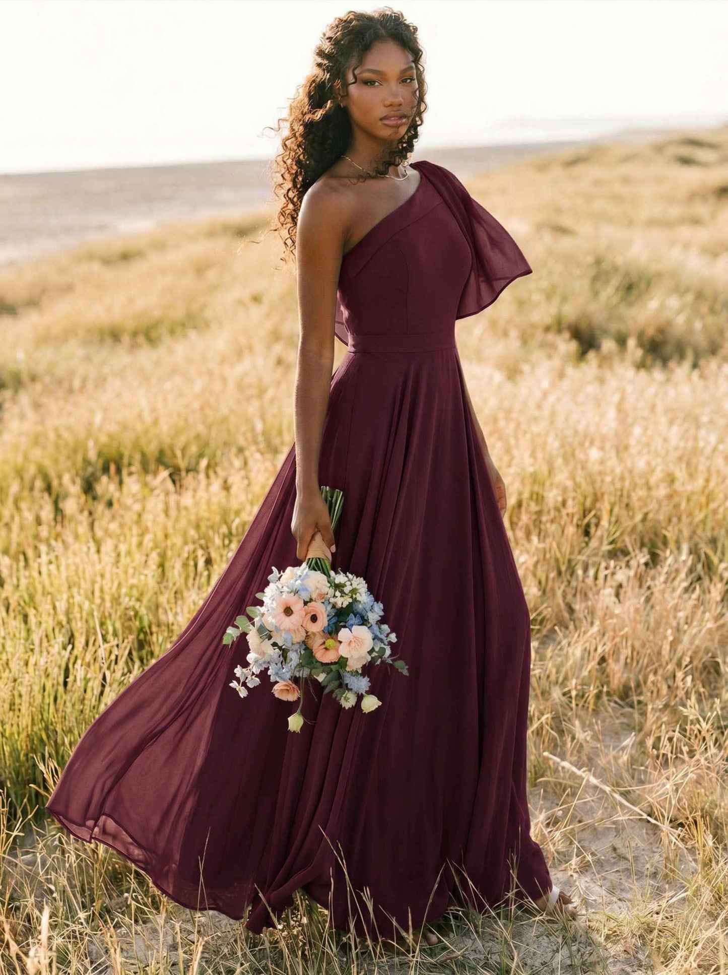 A-Line One-Shoulder Sleeveless Floor-Length Chiffon Bridesmaid Dresses With Bow(s)/Pockets, product image 164