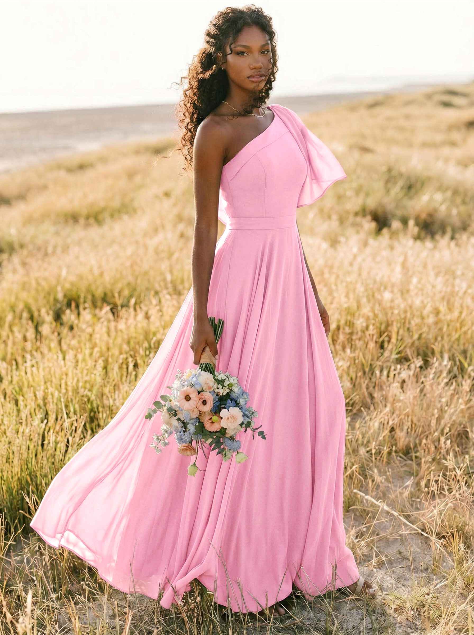 A-Line One-Shoulder Sleeveless Floor-Length Chiffon Bridesmaid Dresses With Bow(s)/Pockets, product image 190