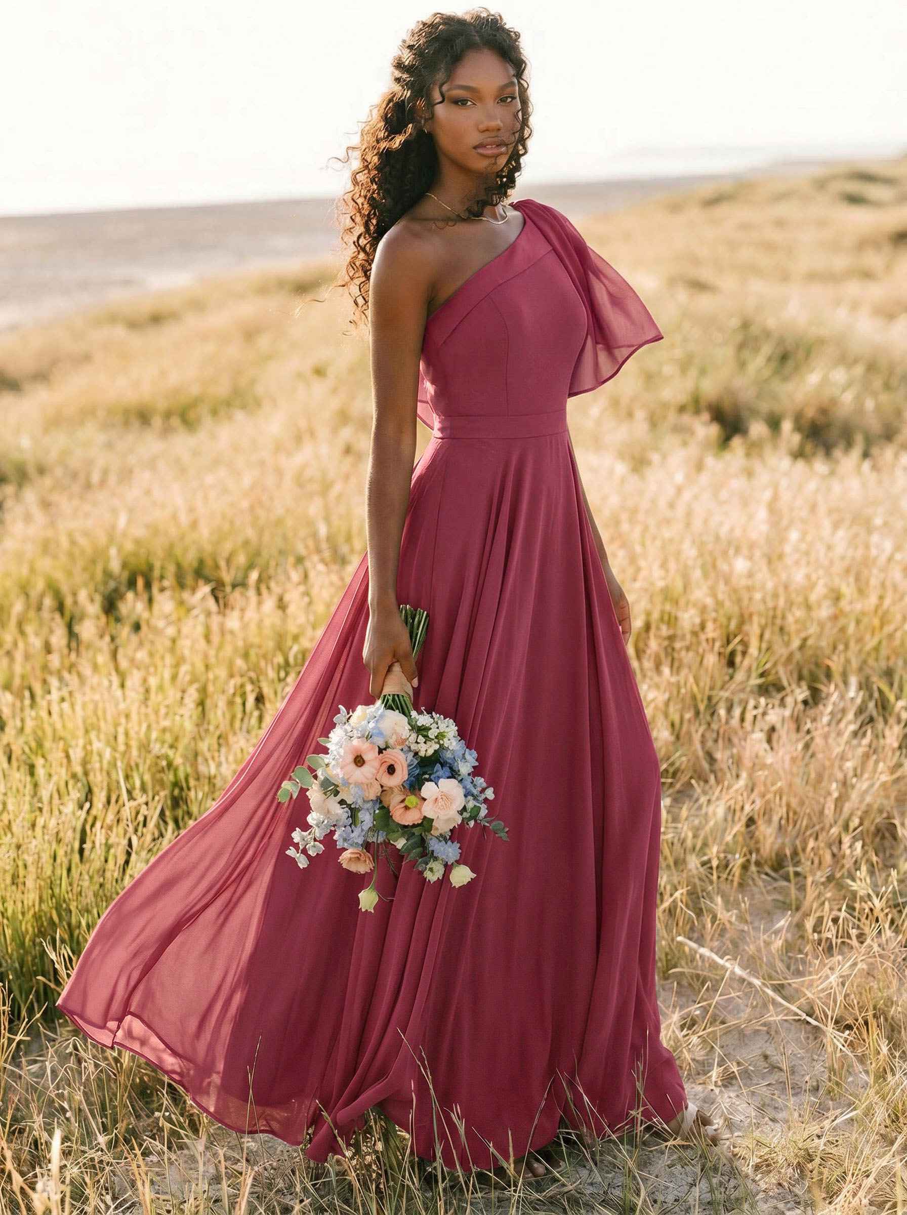 A-Line One-Shoulder Sleeveless Floor-Length Chiffon Bridesmaid Dresses With Bow(s)/Pockets, product image 168