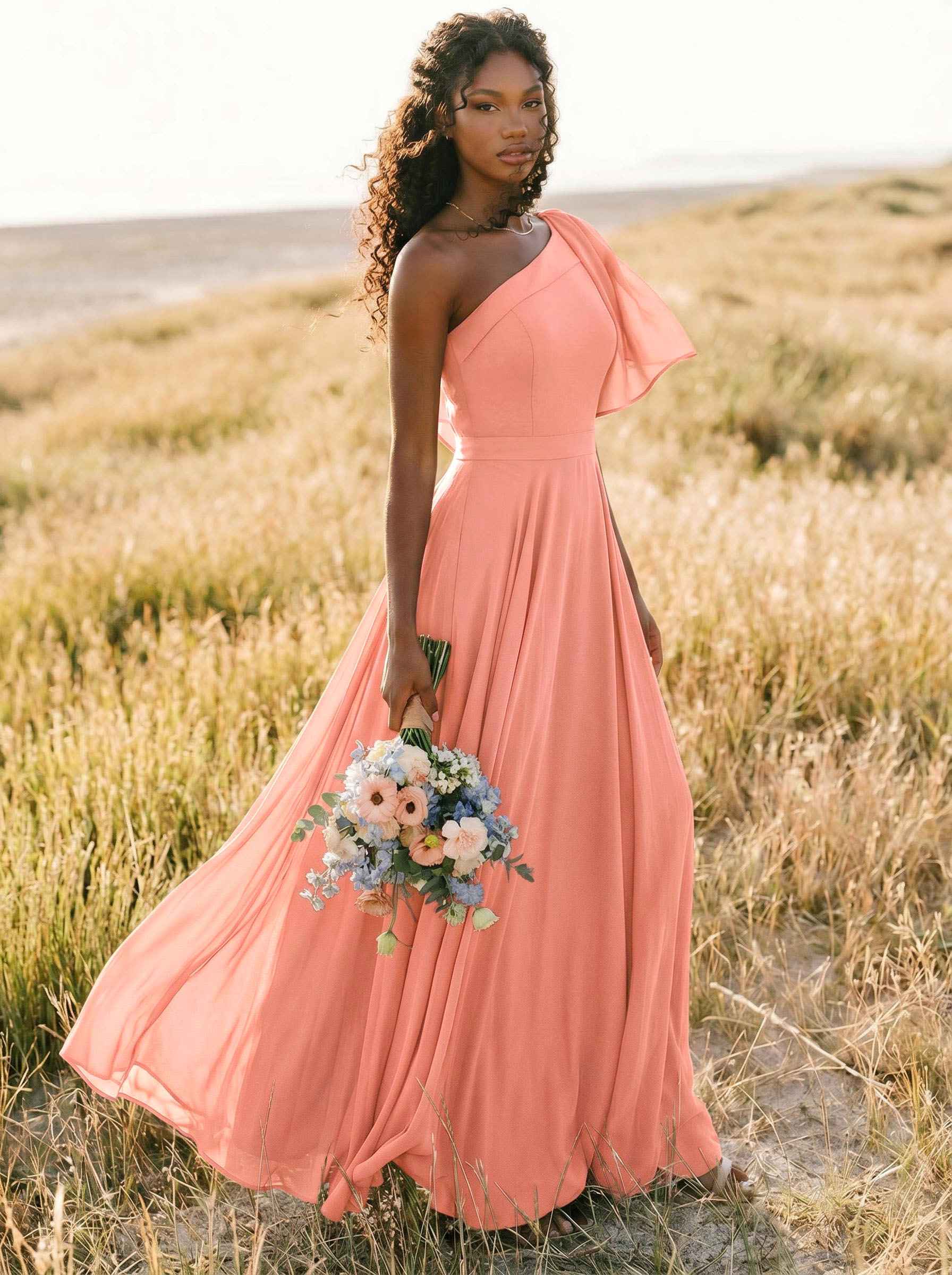 A-Line One-Shoulder Sleeveless Floor-Length Chiffon Bridesmaid Dresses With Bow(s)/Pockets, product image 186