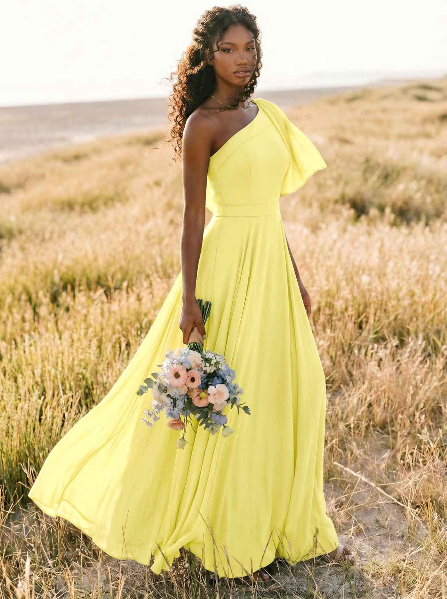 A-Line One-Shoulder Sleeveless Floor-Length Chiffon Bridesmaid Dresses With Bow(s)/Pockets, product image 238