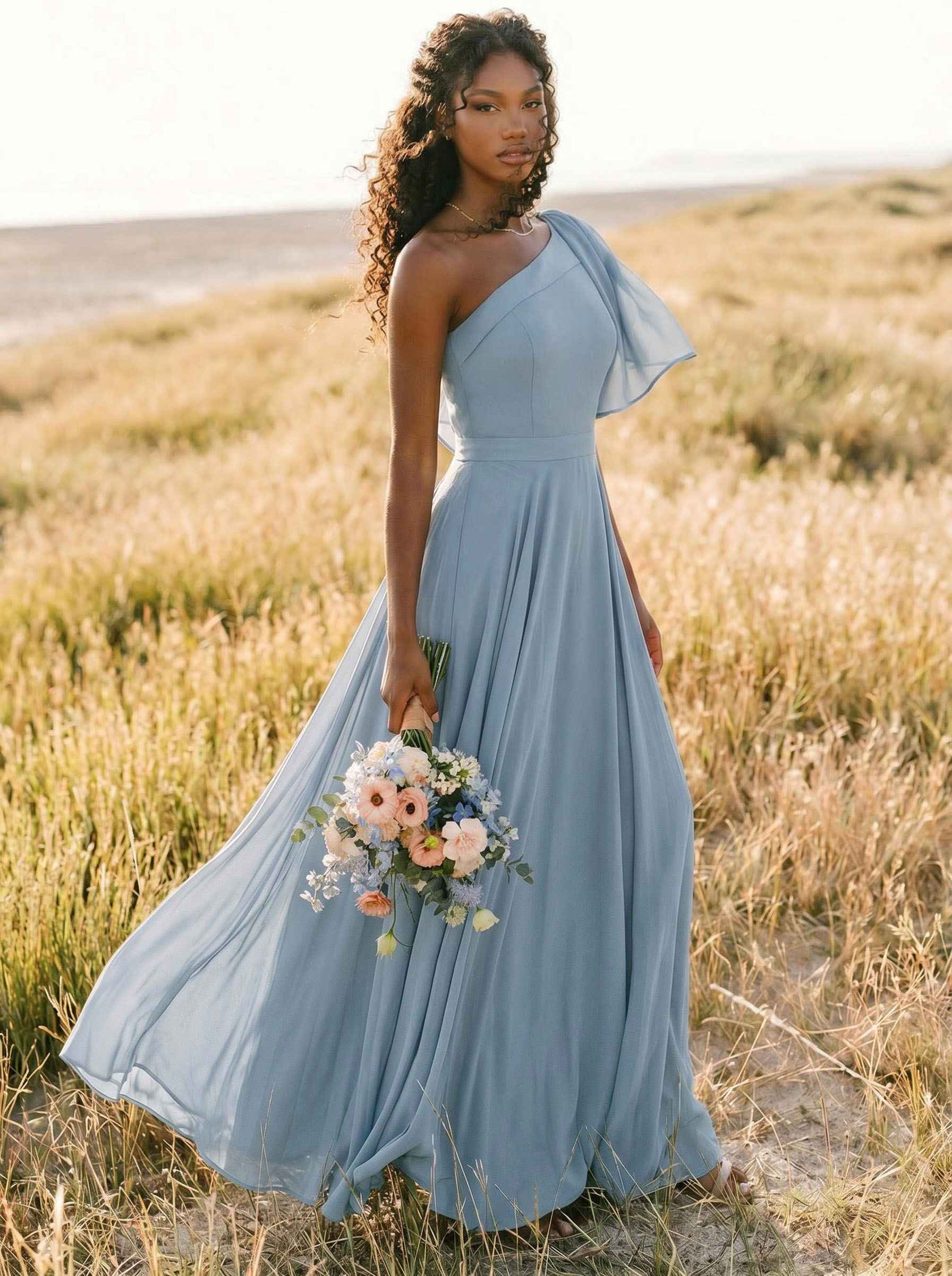 A-Line One-Shoulder Sleeveless Floor-Length Chiffon Bridesmaid Dresses With Bow(s)/Pockets, product image 146