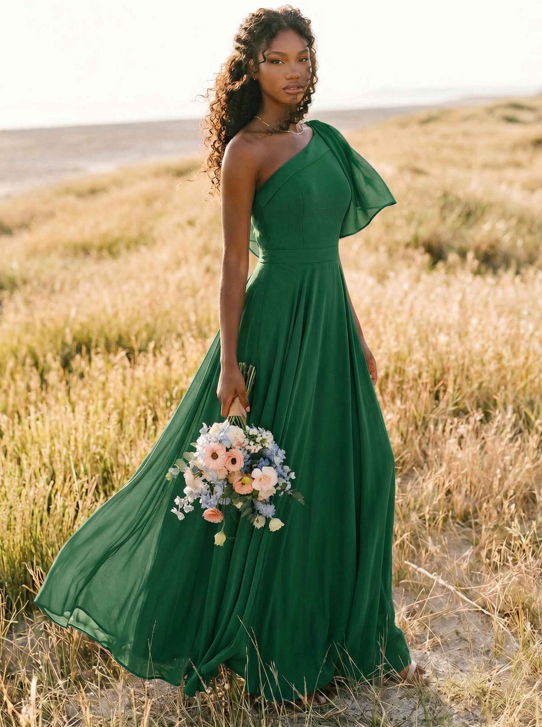 A-Line One-Shoulder Sleeveless Floor-Length Chiffon Bridesmaid Dresses With Bow(s)/Pockets, product image 268