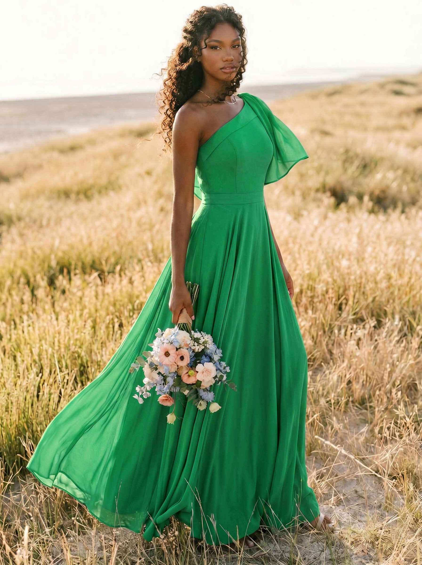 A-Line One-Shoulder Sleeveless Floor-Length Chiffon Bridesmaid Dresses With Bow(s)/Pockets, product image 266