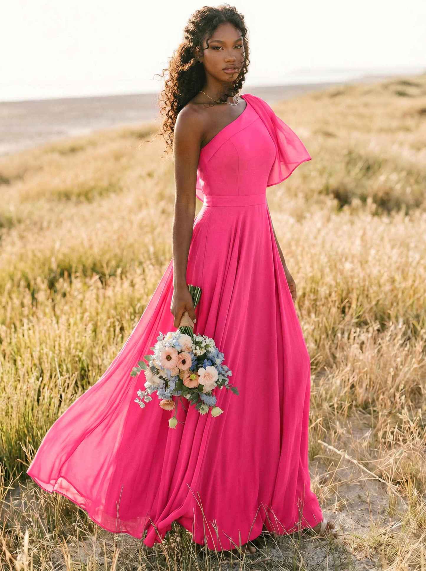A-Line One-Shoulder Sleeveless Floor-Length Chiffon Bridesmaid Dresses With Bow(s)/Pockets, product image 212